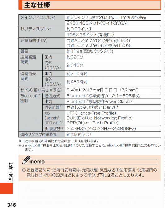 346主な仕様メインディスプレイ 約3.0インチ、最大26万色、TFT全透過型液晶240×400ドット（ワイドQVGA）サブディスプレイ 約0.93インチ128×36ドット（有機EL）充電時間（目安） 共通ACアダプタ04（別売）約160分共通DCアダプタ03（別売）約170分質量 約119g（電池パック含む）連続通話時間国内 約320分海外 約340分：アメリカ本土／メキシコ／サイパン／中国本土／ハワイ／韓国／台湾／インドネシア／インド／香港※対象国は2013年9月時点連続待受時間国内 約710時間海外 約480時間：アメリカ本土／メキシコ／サイパン／中国本土約640時間：ハワイ／韓国／台湾／インドネシア／インド／香港約770時間：マカオ／バミューダ諸島／ベネズエラ※対象国は2013年9月時点サイズ（幅×高さ×厚さ）約49×110×16.5mm（最厚部17.5mm）Bluetooth®機能通信方式 Bluetooth®標準規格Ver.2.1＋EDR準拠出力 Bluetooth®標準規格PowerClass2通信距離※1見通しの良い状態で10m以内対応Bluetooth®プロファイル※2HFP（Hands-FreeProfile）DUN（Dial-UpNetworkingProfile）OPP（ObjectPushProfile）使用周波数帯2.4GHz帯（2.402GHz～2.480GHz）連続ワンセグ視聴時間約4時間50分※1通信機器間の障害物や電波状態により変化します。※2Bluetooth®機器同士の使用目的に応じた仕様のことで、Bluetooth®標準規格で定められています。◎連続通話時間・連続待受時間は、充電状態・気温などの使用環境・使用場所の電波状態・機能の設定などによって半分以下になることもあります。■携帯電話機の比吸収率（SAR）について　この機種GRATINAの携帯電話機は､国が定めた電波の人体吸収に関する技術基準および電波防護の国際ガイドラインに適合しています｡この携帯電話機は､国が定めた電波の人体吸収に関する技術基準（※1）ならびに､これと同等な国際ガイドラインが推奨する電波防護の許容値を遵守するよう設計されています｡　この国際ガイドラインは世界保健機関（WHO）と協力関係にある国際非電離放射線防護委員会（ICNIRP）が定めたものであり､その許容値は使用者の年齢や健康状況に関係なく十分な安全率を含んでいます。国の技術基準および国際ガイドラインは電波防護の許容値を人体頭部に吸収される電波の平均エネルギー量を表す比吸収率（SAR:SpecificAbsorptionRate）で定めており､携帯電話機に対するSARの許容値は2.0W/kgです｡この携帯電話機の側頭部におけるSARの最大値は0.509W/kgです。個々の製品によってSARに多少の差異が生じることもありますが､いずれも許容値を満足しています。携帯電話機は､携帯電話基地局との通信に必要な最低限の送信電力になるよう設計されているため､実際に通話している状態では､通常SARはより小さい値となります。一般的には､基地局からの距離が近いほど､携帯電話機の出力は小さくなります｡この携帯電話機は､側頭部以外の位置でも使用可能です。KDDI推奨のauキャリングケースFブラック（0105FCA）（別売）を用いて携帯電話機を身体に装着して使用することで､この携帯電話機は電波防護の国際ガイドラインを満足します（※2）。KDDI推奨のauキャリングケースFブラック（0105FCA）（別売）をご使用にならない場合には､身体から1.5センチ以上の距離に携帯電話機を固定でき､金属部分の含まれていない製品をご使用ください。世界保健機関は、『携帯電話が潜在的な健康リスクをもたらすかどうかを評価するために、これまで20年以上にわたって多数の研究が行われてきました。今日まで、携帯電話使用によって生じるとされる、いかなる健康影響も確立されていません。』と表明しています。さらに詳しい情報をお知りになりたい場合には世界保健機関のホームページをご参照ください。（http://www.who.int/docstore/peh-emf/KYY10X.XXX2 約49×112×17 mm（最厚部 17.7 mm）