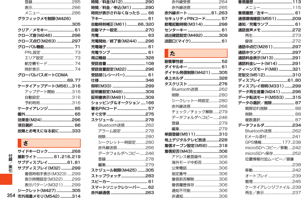 354登録.........................................285表示.........................................286メニュー.................................286グラフィックメモ制限（M426）  ....................................................305クリア／メモキー ........................... 61クローズ音（M246） ....................296クローズ点灯（M263） ................297グローバル機能............................... 71PRL設定.................................. 73エリア設定............................... 73航空機モード........................... 74時計表示................................... 74グローバルパスポートCDMA  ...............................................69、77ケータイアップデート（M56） ....316アップデート開始.................316自動設定.................................316予約時刻.................................316ケータイアレンジ ........................... 85圏外 .................................................. 65効果音（M24） ...............................296項目選択 .......................................... 86故障とお考えになる前に .............333さサイドキーロック .........................268撮影ライト .................61、216、219サブディスプレイ ....................61、81サブディスプレイ（M32） ...........299着信時相手表示（M323）.....299表示時間設定（M322）.........299表示パターン（M321）.........299シークレット（M427） ................305市外局番メモリ（M542） ............314時間／料金（M12） .......................290時間／料金／申込（M1） ..............290時刻が表示されなくなったら ....... 66下キー .............................................. 61自動時刻補正（M61） ...........66、320自動マナー設定.............................270充電 .................................................. 63充電開始／終了音（M244） ........296充電端子 .......................................... 61充電ランプ ...................................... 61周辺機器 ........................................328受話音量 ........................................108受話音量設定（M22） ...................296受話部（レシーバー） ....................... 61仕様 ................................................346照明（M33） ..................................299証明書設定（M48） .......................309証明書表示（M481） ....................309ショッピング＆オークション .....166署名PINコード ............................... 57すぐ文字 ........................................275スケジュール ................................278Bluetooth送信.....................262アラーム設定.........................278削除.........................................280シークレット一時設定..........280赤外線送信.............................266データフォルダへコピー......246登録.........................................278編集.........................................279スケジュール制限（M425） ........305ストップウォッチ .........................283スピーカー ...................................... 61スマートソニックレシーバー ....... 62赤外線通信 ....................................263赤外線受信.............................264赤外線送信.............................265赤外線ポート ........................61、263セキュリティPINコード................ 57節電起動時間（M314） ................298センターキー .................................. 61送出確認設定（M482） ................309送話口（マイク）............................... 61た耐衝撃性能 ...................................... 52ダイヤルキー .................................. 61ダイヤル発信制限（M421） ........305卓上ホルダ ....................................328タスクリスト ................................276Bluetooth送信.....................262削除.........................................280シークレット一時設定..........280赤外線送信.............................266チェック／チェック解除......279データフォルダへコピー......246登録.........................................279編集.........................................279単語登録（M511） ........................310地上デジタルテレビ放送 .............228着信オープン設定（M58） ...........318着信拒否（M43） ...........................306アドレス帳登録外.................306海外モード中拒否.................306公衆電話.................................306指定番号.................................306着信拒否解除.........................306着信履歴保存.........................306通知不可能.............................306非通知.....................................306着信履歴 ........................................113メニュー.................................115着信履歴／左キー ........................... 61通信環境確認（M551） ................209通知／充電ランプ ........................... 61通話音声メモ ................................272再生.........................................273録音.........................................272通話中点灯（M261） ....................297通話中ランプ ................................297通話料金表示（M13） ...................291通話料金レート（M14） ...............291ティーンズモード（M8） ..............321定型文（M512） ............................310ディスプレイ ...........................61、80ディスプレイ照明（M331） ........299データ再生音量（M241） ............296データ転送モード（M553） ........315データの選択／削除 ....................... 87期限切れ削除........................... 88削除........................................... 88複数選択................................... 87データフォルダ.............................234Bluetooth送信.....................262Eメール添付..........................241GPS情報.....................177、238microSDへコピー／移動....242microSDへ保存....................252位置情報付加ムービー／画像...........................................238移動.........................................242オートプレイ.........................239管理.........................................245ケータイアレンジファイル. . 239再生／表示.............................237