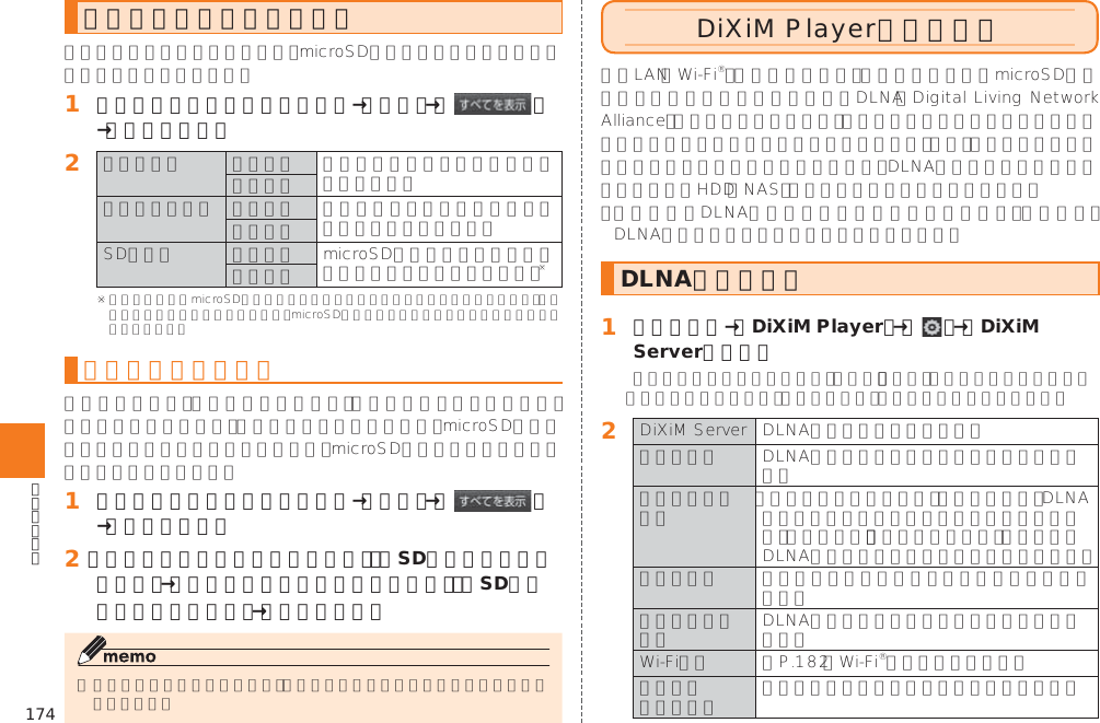 174DiXiM Playerを利用するDLNAを設定する󱈠 アプリ一覧→［DiXiM Player］→［  ］→［DiXiM Serverの設定］󱈢      󱚤 メモリの使用量を確認する󱈠 シンプルメニュー／アプリ一覧→［設定］→［ ］→［ストレージ］󱈢     データを初期化する󱈠 シンプルメニュー／アプリ一覧→［設定］→［ ］→［ストレージ］󱈢 ［内部ストレージ内データを消去］／［SDカード内データを消去］→［内部ストレージ内データを消去］／［SDカード内データを消去］→［すべて消去］
