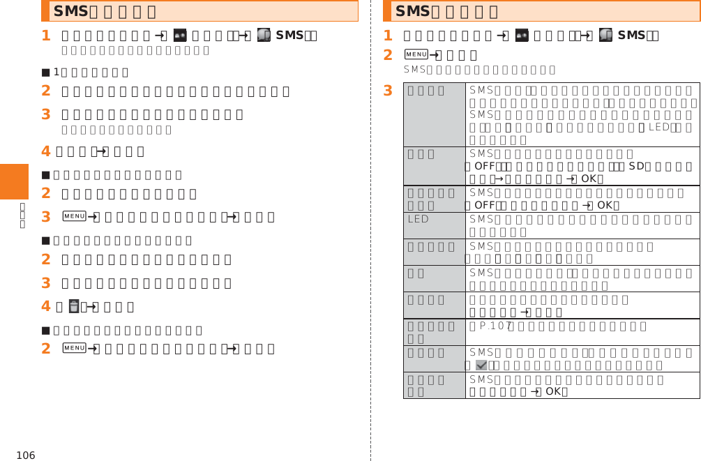 106SMSを削除する󱈠 ホームスクリーン→［  （メール）］→［  （SMS）］■ 1件削除する場合󱈢 削除するメッセージがあるスレッドをタップ󱈤 削除するメッセージをロングタッチ󱈦 ［削除］→［削除］■ スレッドごとに削除する場合󱈢 削除するスレッドをタップ󱈤 0→［メッセージの全件削除］→［削除］■ 複数のスレッドを削除する場合󱈢 削除するスレッドをロングタッチ󱈤 続けて削除するスレッドをタップ󱈦 ［   ］→［削除］■ すべてのスレッドを削除する場合󱈢 0→［全てのスレッドを削除］→［削除］SMSを設定する󱈠 ホームスクリーン→［  （メール）］→［  （SMS）］󱈢 0→［設定］󱈤   ［OFF］／［プリセットから選択］／［SDカードから選択］→着信音を選択→［OK］ ［OFF］／パターンを選択→［OK］    署名を入力→［設定］ 󱚤   カラーを選択→［OK］