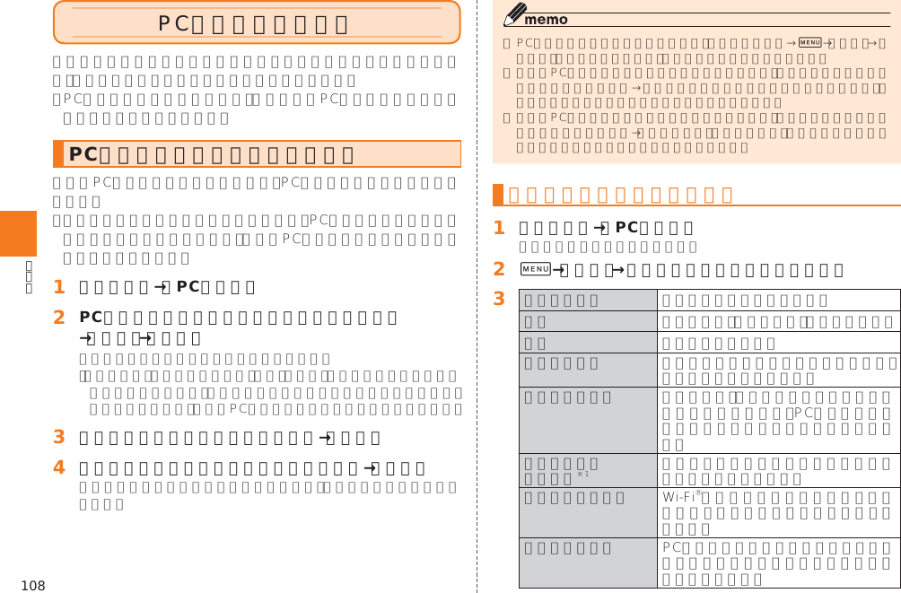 108PCメールを利用するPCメールのアカウントを設定する󱈠 アプリ一覧→［PCメール］󱈢 PCメールのメールアドレスとパスワードを入力→［完了］→［次へ］󱈤 アカウントの設定で必要事項を選択→［次へ］󱈦 アカウント設定でアカウント名などを入力→［次へ］0アカウントの設定を変更する󱈠 アプリ一覧→［PCメール］󱈢0→［設定］→設定を変更するアカウントを選択󱈤         