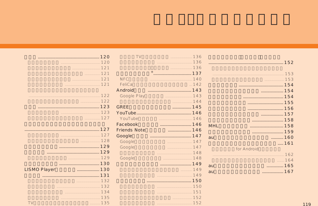 119ツール・アプリケーション電話帳 ....................................................... 120  カメラ ....................................................... 123 ファイルギャラリーでファイルを表示する ................................................................... 127 静止画を編集する .................................... 129音楽を聴く ............................................... 129ビデオを再生する .................................... 130LISMO Playerを利用する .................... 130ワンセグ ................................................... 131  おサイフケータイ®  .................................. 137 Androidアプリ .......................................143 GREEマーケットを利用する ................. 145YouTube ................................................. 146 Facebookを利用する ............................ 146Friends Noteを利用する ..................... 146Googleサービス ..................................... 147カレンダーを利用する ............................ 149時計を利用する........................................ 150 デイリーステップ（歩数計）を利用する ................................................................... 152 電卓を利用する........................................ 154ニュースと天気を利用する ....................154メモ帳を利用する .................................... 154すぐ文字を利用する ................................ 155すぐごえを利用する ................................ 156音声レコーダーを利用する ....................157簡易ライトを利用する ............................ 158MHL接続を利用する .............................. 158省電力ナビを利用する ............................ 159auお客さまサポートを利用する ........... 160安心セキュリティパックを利用する ..... 161au災害対策アプリを利用する ............... 165auスマートパスを利用する ...................167