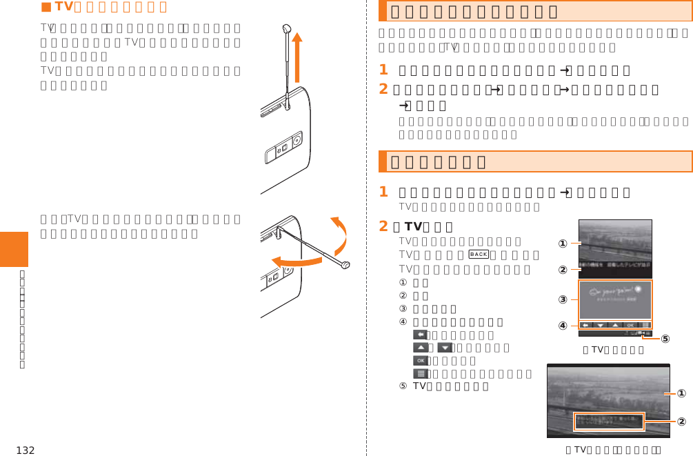 132■ TVアンテナについてワンセグの初期設定をする󱈠 シンプルメニュー／アプリ一覧→［ワンセグ］󱈢 ［チャンネル設定］→［地域選択］→現在の地域を選択→［はい］ワンセグを見る󱈠 シンプルメニュー／アプリ一覧→［ワンセグ］󱈢 ［TV視聴］&amp;① 映像② 字幕③ データ放送④ データ放送用リモコン     ⑤ TVステータスバー②①④③⑤《TV視聴画面》②①《TV視聴画面（全画面）》