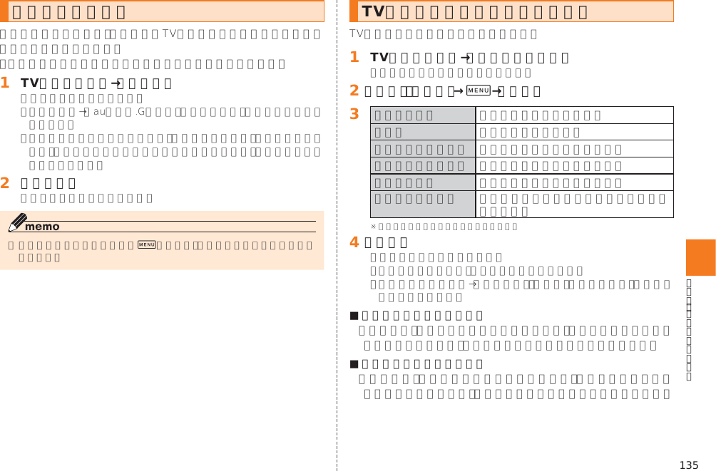 135番組表を利用する󱈠 TVメニュー画面→［番組表］󱈢 番組を選択0TV番組を録画予約／視聴予約する󱈠 TVメニュー画面→［視聴・録画予約］󱈢 ［録画］／［視聴］→0→［新規］󱈤      󱈦 ［登録］■ 録画予約した時刻になると ■ 視聴予約した時刻になると 