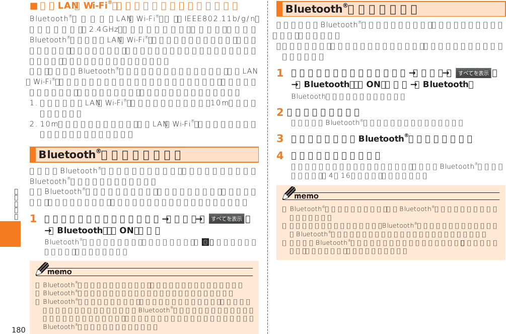 180■ 無線LAN（Wi-Fi®）対応機器との電波干渉について Bluetooth®機能をオンにする󱈠 シンプルメニュー／アプリ一覧→［設定］→［ ］→「Bluetooth」を「ON」にする Bluetooth®機器を登録する󱈠 シンプルメニュー／アプリ一覧→［設定］→［ ］→「Bluetooth」を「ON」にする→［Bluetooth］󱈢 ［デバイスの検索］󱈤 ペアリングを行うBluetooth®デバイス名を選択󱈦 画面の指示に従って操作