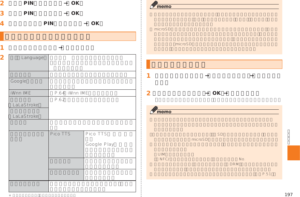 197󱈢 現在のPINコードを入力→［OK］󱈤 新しいPINコードを入力→［OK］󱈦 もう一度新しいPINコードを入力→［OK］言語と入力に関する設定をする󱈠 すべての設定メニュー→［言語と入力］󱈢    󱚤 󱚤      本製品を初期化する󱈠 すべての設定メニュー→［データの初期化］→［データの初期化］󱈢 ［携帯端末をリセット］→［OK］→［すべて消去］  󱚤