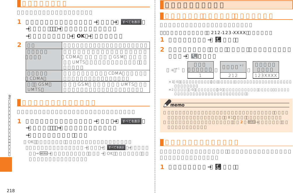 218auのネットワークサービス・海外利用エリアを設定する󱈠 シンプルメニュー／アプリ一覧→［設定］→［ ］→［その他．．．］→［モバイルネットワーク］ →［ローミング設定］→［OK］→［エリア設定］󱈢       データローミングを設定する󱈠 シンプルメニュー／アプリ一覧→［設定］→［ ］→［その他．．．］→［モバイルネットワーク］ →「データローミング」を選択0渡航先で電話をかける渡航先から国外（日本含む）に電話をかける 例：渡航先からアメリカの「212-123-XXXX」にかける場合󱈠 ホームスクリーン→［  （電話）］󱈢 国際アクセス番号、国番号、市外局番、相手の方の電話番号を入力→［   ］（発信） 󰜏 󰜏 󰜏  󱈢0渡航先の国内に電話をかける󱈠 ホームスクリーン→［  （電話）］