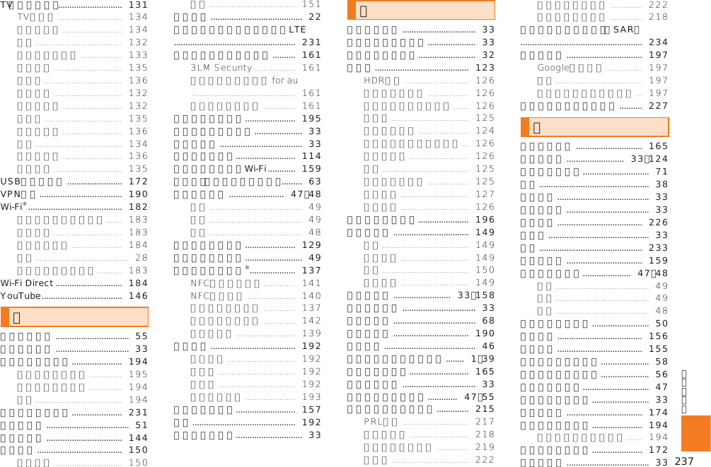 237TV（ワンセグ） ............................  131USB接続モード ........................  172VPN設定 ....................................  190Wi-Fi® .........................................  182Wi-Fi Direct .............................  184YouTube ...................................  146あアイコン移動 ................................  55アウトカメラ ................................  33アカウントと同期 ......................  194アフターサービス ......................  231アプリ一覧 ....................................  51アプリ設定 .................................  144アラーム .....................................  150暗証番号 ........................................  22安心ケータイサポートプラスLTE .....................................................  231安心セキュリティパック ..........  161位置情報アクセス ......................  195イヤホンマイク端子 .....................  33インカメラ ....................................  33インターネット..........................  114インテリジェントWi-Fi ............  159引用入力（マッシュルーム） .........  63ウィジェット ........................  47、48エフェクトプラス ......................  129エントリーホーム .........................  49おサイフケータイ® ....................  137音の設定 .....................................  192音声レコーダー..........................  157音量 .............................................  192音量下／上キー.............................  33か外部接続端子 ................................  33外部接続端子カバー .....................  33各部の名称と機能 .........................  32カメラ .........................................  123画面ロックの設定 ......................  196カレンダー .................................  149簡易ライト .........................  33、158気圧センサー ................................  33聞こえ調整 ....................................  68機内モード .................................  190基本操作 ........................................  46急速充電対応卓上ホルダ ........  1、39緊急速報メール..........................  165近接センサー ................................  33クイック起動エリア .............  47、55グローバルパスポート ..............  215携帯電話機の比吸収率（SAR） .....................................................  234言語と入力 .................................  197故障とお考えになる前に ..........  227さ災害用伝言板 .............................  165撮影ライト .........................  33、124自分の電話番号.............................  71充電 ................................................  38充電端子 ........................................  33充電ランプ ....................................  33周辺機器 .....................................  226受話部 ............................................  33仕様 .............................................  233省電力ナビ .................................  159ショートカット.....................  47、48シンプルメニュー .........................  50すぐごえ .....................................  156すぐ文字 .....................................  155スクリーンショット .....................  58ステータスアイコン .....................  56ステータスバー.............................  47ストラップ取付口 .........................  33ストレージ .................................  174ストレージの設定 ......................  194ストレージモード ......................  172スピーカー ....................................  33