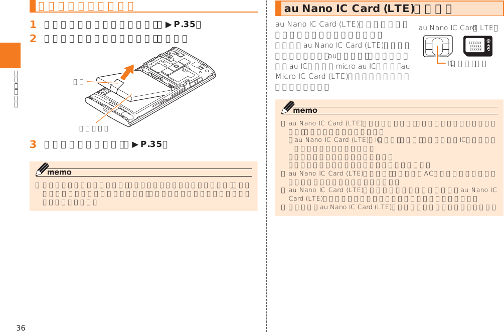 36電池パックを取り外す󱈠 本体裏面の電池フタを取り外す（▶P. 35）󱈢 電池パックのタブを上に引き、取り外す󱈤 電池フタを取り付ける（▶P. 35）au Nano IC Card (LTE)について   