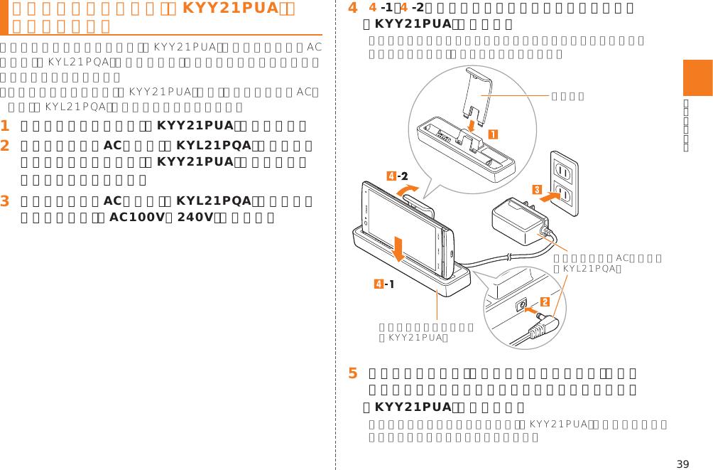 39急速充電対応卓上ホルダ（KYY21PUA）を使って充電する󱈠 急速充電対応卓上ホルダ（KYY21PUA）を組み立てる󱈢 卓上ホルダ専用ACアダプタ（KYL21PQA）のプラグを急速充電対応卓上ホルダ（KYY21PUA）の外部接続端子にまっすぐに差し込む󱈤 卓上ホルダ専用ACアダプタ（KYL21PQA）の電源プラグをコンセント（AC100V∼240V）に差し込む󱈦 󱈦-1、󱈦-2の順に本製品を急速充電対応卓上ホルダ（KYY21PUA）に差し込む󱈨 充電が終わったら、スタンドを固定しながら、本製品を手前に起こすようにして急速充電対応卓上ホルダ（KYY21PUA）から取り外す