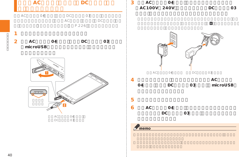 40指定のACアダプタ（別売）／DCアダプタ（別売）を使って充電する󱚤󱈠 本製品の外部接続端子カバーを開ける󱈢 共通ACアダプタ04（別売）／共通DCアダプタ03（別売）のmicroUSBプラグの向きを確認し、外部接続端子にまっすぐに差し込む󱈤 共通ACアダプタ04（別売）の電源プラグをコンセント（AC100V∼240V）に差し込む／共通DCアダプタ03（別売）のプラグをシガーライタソケットに差し込む  󱈦 充電が終わったら、外部接続端子から共通ACアダプタ04（別売）／共通DCアダプタ03（別売）のmicroUSBプラグをまっすぐに引き抜く󱈨 外部接続端子カバーを閉じる󱈪 共通ACアダプタ04（別売）の電源プラグをコンセントから抜く／共通DCアダプタ03（別売）のプラグをシガーライタソケットから抜く