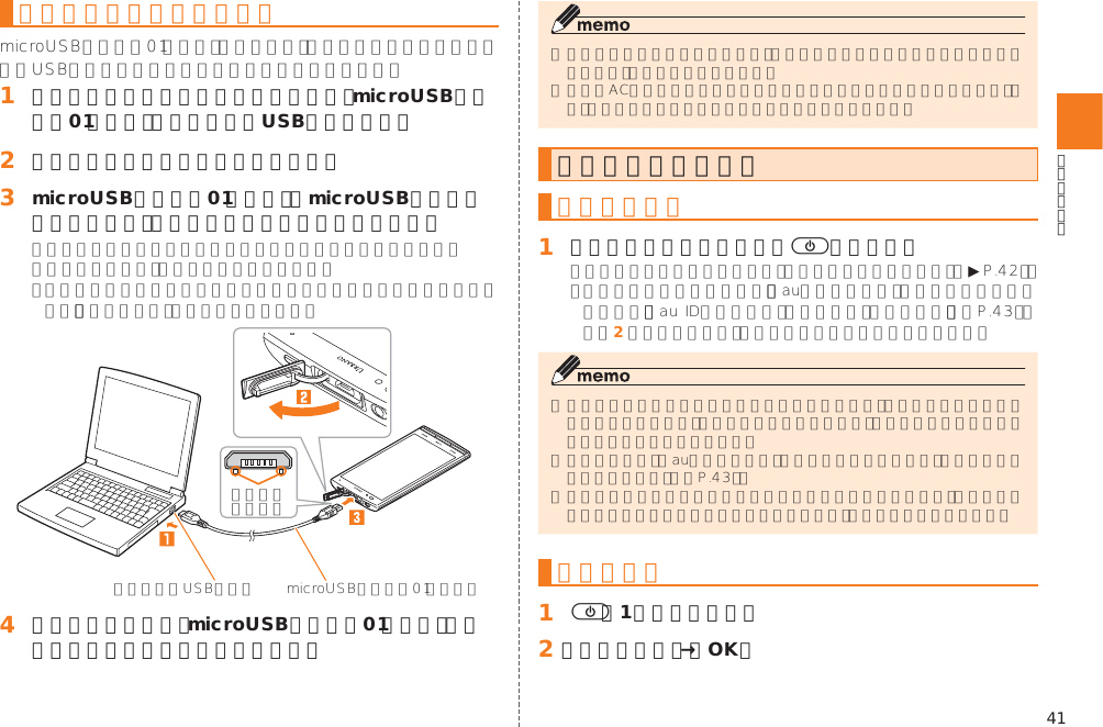 41パソコンを使って充電する󱈠 パソコンが完全に起動している状態で、microUSBケーブル01（別売）をパソコンのUSBポートに接続󱈢 本製品の外部接続端子カバーを開ける󱈤 microUSBケーブル01（別売）のmicroUSBプラグの向きを確認し、外部接続端子にまっすぐに差し込む 󱈦 充電が終わったら、microUSBケーブル01（別売）を外部接続端子とパソコンから取り外す電源を入れる／切る電源を入れる󱈠 着信ランプが点灯するまで)を長く押す▶󱚤󱈢󱚤電源を切る󱈠 )（1秒以上長押し）󱈢 ［電源を切る］→［OK］
