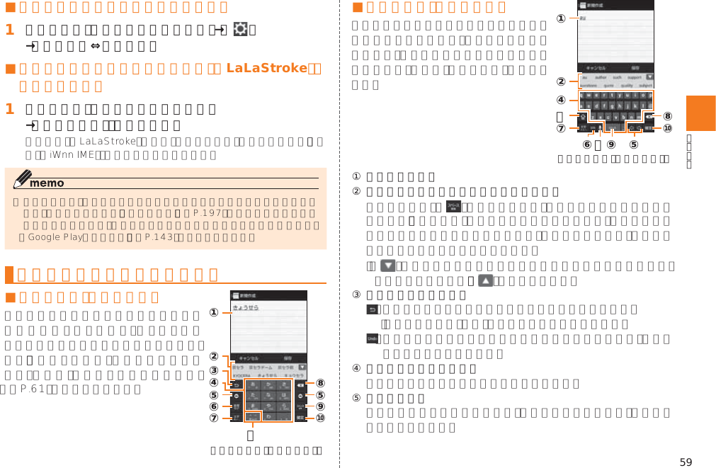 59■ テンキー／フルキーを切り替えるには󱈠 文字入力画面（テンキー／フルキー）→［   ］→［テンキー⇔フルキー］■ テンキー／フルキーから手書き入力（LaLaStroke）に切り替えるには󱈠 文字入力画面（テンキー／フルキー）→［漢字手書き］／［連続かな］󱚤󱚤テンキー／フルキーで入力する■ 文字入力画面（テンキー）󱚤 ⑨⑩⑪①②⑧⑤③④⑤⑥⑦《文字入力画面（テンキー）》■ 文字入力画面（フルキー）⑥⑨⑪⑤①②⑧⑩④⑫⑦《文字入力画面（フルキー）》① 文字入力エリア② 通常変換候補リスト／予測変換候補リスト   ③ バックキー／戻すキー④ ソフトウェアキーボード ⑤ カーソルキー 