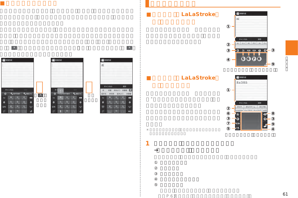 61■ フリック入力について  󰜏「 」をロングタッチ󰜏下に フリック手書きで入力する■ 手書き入力（LaLaStroke）画面（漢字手書き）①③⑤⑥⑦⑧③④⑨②《手書き入力画面（漢字手書き）》■ 手書き入力（LaLaStroke）画面（連続かな）①⑧③⑥③⑦⑤⑨④②《手書き入力画面（連続かな）》󱈠 文字入力画面（テンキー／フルキー）→［漢字手書き］／［連続かな］① 文字入力エリア② 変換候補欄③ カーソルキー④ 手書き入力フィールド⑤ 引用入力キー 󱚤
