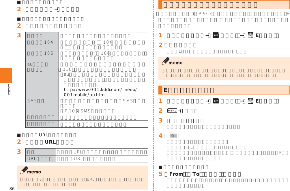 86■ 件名をコピーする場合󱈢 件名をタップ→［コピー］■ 本文中の電話番号を利用する場合󱈢 本文中の電話番号をタップ󱈤    http://www.001.kddi.com/lineup/ 001mobile/au.html󱚤■ 本文中のURLを利用する場合󱈢 本文中のURLをタップ󱈤  新着メールを問い合わせて受信する󱚤󱈠 ホームスクリーン→［  （メール）］→［  （Eメール）］󱈢 ［新着問合せ］Eメールを検索する󱈠 ホームスクリーン→［  （メール）］→［  （Eメール）］󱈢 0→［検索］󱈤 キーワードを入力󱈦 ［ ］■ 検索結果を絞り込む場合󱈨 ［From］／［To］／［件名］／［本文］