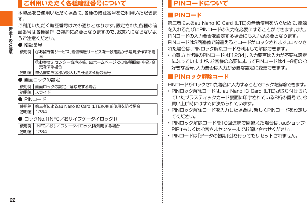 22 ご利用いただく各種暗証番号について 󰒄󰒅          PINコードについて■ PINコード■  PINロック解除コード