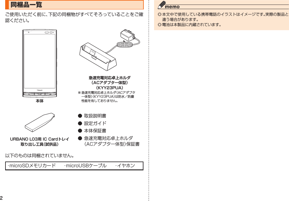 2同梱品一覧 本体 急速充電対応卓上ホルダ（ACアダプタ一体型）（KYY23PUA）URBANO L03用 IC Cardトレイ取り出し工具（試供品）  