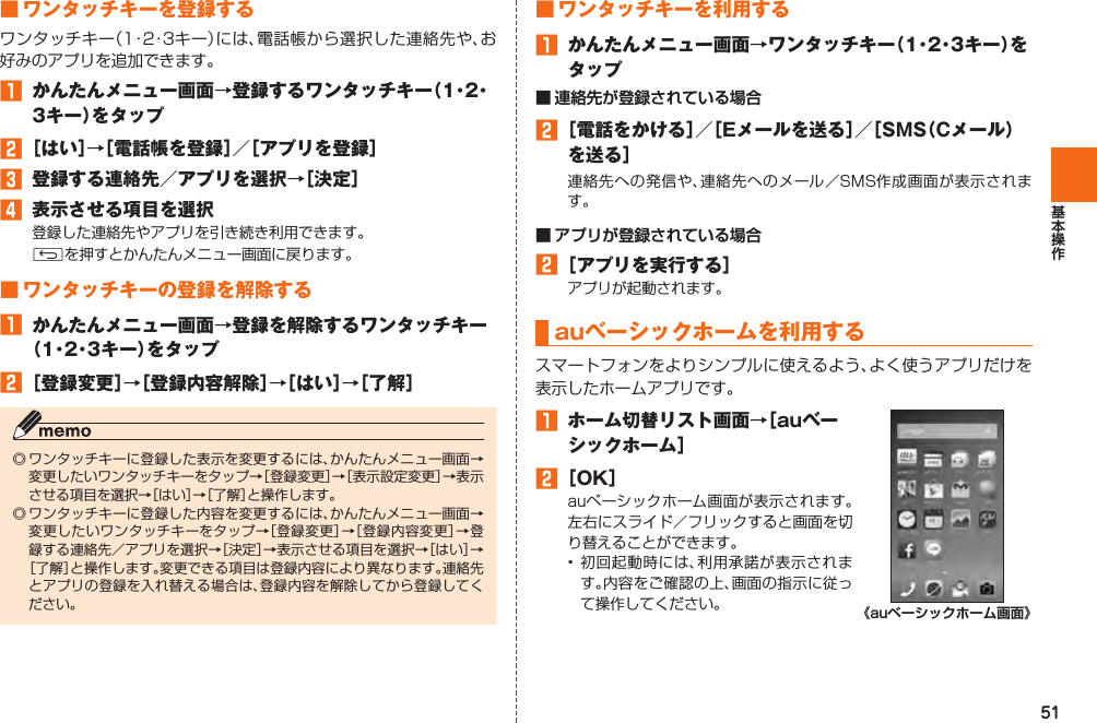 51■ ワンタッチキーを登録するワンタッチキー（ 1・2・3 キ ー ）には、電話帳から選択した連絡先や、お好みのアプリを追加できます。󱈠  かんたんメニュー画面→登録するワンタッチキー（ 1・2・3キー）をタップ󱈢 ［はい］→［電話帳を登録］／［アプリを登録］󱈤  登録する連絡先／アプリを選択→［決定］󱈦  表示させる項目を選択登録した連絡先やアプリを引き続き利用できます。Cを押すとかんたんメニュー画面に戻ります。■ ワンタッチキーの登録を解除する󱈠  かんたんメニュー画面→登録を解除するワンタッチキー（ 1・2・3キー）をタップ󱈢 ［登録変更］→［登録内容解除］→［はい］→［了解］◎ ワンタッチキーに登録した表示を変更するには、かんたんメニュー画面→変更したいワンタッチキーをタップ→［登録変更］→［表示設定変更］→表示させる項目を選択→［はい］→［了解］と操作します。◎ ワンタッチキーに登録した内容を変更するには、かんたんメニュー画面→変更したいワンタッチキーをタップ→［登録変更］→［登録内容変更］→登録する連絡先／アプリを選択→［決定］→表示させる項目を選択→［はい］→［了解］と操作します。変更できる項目は登録内容により異なります。連絡先とアプリの登録を入れ替える場合は、登録内容を解除してから登録してください。■ ワンタッチキーを利用する󱈠  かんたんメニュー画面→ワンタッチキー（ 1・2・3キー）をタップ■ 連絡先が登録されている場合󱈢 ［電話をかける］／［Eメールを送る］／［SMS（Cメール）を送る］連絡先への発信や、連絡先へのメール／SMS作成画面が表示されます。■ アプリが登録されている場合󱈢 ［アプリを実行する］アプリが起動されます。  auベーシックホームを利用するスマートフォンをよりシンプルに使えるよう、よく使うアプリだけを表示したホームアプリです。󱈠  ホーム切替リスト画面→［auベーシックホーム］󱈢 ［OK］auベーシックホーム画面が表示されます。左右にスライド／フリックすると画面を切り替えることができます。• 初回起動時には、利用承諾が表示されます。内容をご確認の上、画面の指示に従って操作してください。 《auベーシックホーム画面》