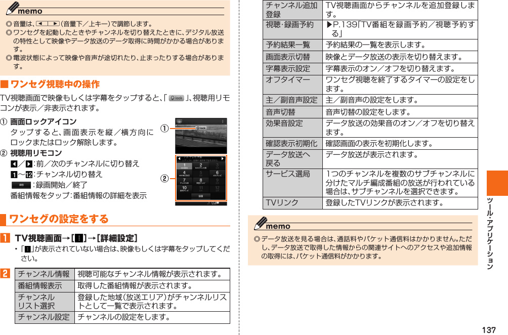 137◎ 音量は、lr（音量下／上キー）で調節します。◎ ワンセグを起動したときやチャンネルを切り替えたときに、デジタル放送の特性として映像やデータ放送のデータ取得に時間がかかる場合があります。◎ 電波状態によって映像や音声が途切れたり、止まったりする場合があります。■  ワンセグ視聴中の操作TV視聴画面で映像もしくは字幕をタップすると、「」、視聴用リモコンが表示／非表示されます。① 画面ロックアイコン タップすると、画面表示を縦／横方向にロックまたはロック解除します。② 視聴用リモコン ／ ：前／次のチャンネルに切り替え ∼ ：チャンネル切り替え ：録画開始／終了 番組情報をタップ：番組情報の詳細を表示①②ワンセグの設定をする󱈠 TV視聴画面→［ ］→［詳細設定］• 「 」が表示されていない場合は、映像もしくは字幕をタップしてください。󱈢チャンネル情報 視聴可能なチャンネル情報が表示されます。番組情報表示 取得した番組情報が表示されます。チャンネルリスト選択登録した地域（放送エリア）がチャンネルリストとして一覧で表示されます。チャンネル設定 チャンネルの設定をします。チャンネル追加登録TV視聴画面からチャンネルを追加登録します。視聴・録画予約 ▶P. 139「TV番組を録画予約／視聴予約する」予約結果一覧 予約結果の一覧を表示します。画面表示切替 映像とデータ放送の表示を切り替えます。字幕表示設定 字幕表示のオン／オフを切り替えます。オフタイマー ワンセグ視聴を終了するタイマーの設定をします。主／副音声設定 主／副音声の設定をします。音声切替 音声切替の設定をします。効果音設定 データ放送の効果音のオン／オフを切り替えます。確認表示初期化 確認画面の表示を初期化します。データ放送へ戻るデータ放送が表示されます。サービス選局 1つのチャンネルを複数のサブチャンネルに分けたマルチ編成番組の放送が行われている場合は、サブチャンネルを選択できます。TVリンク 登録したTVリンクが表示されます。◎ データ放送を見る場合は、通話料やパケット通信料はかかりません。ただし、データ放送で取得した情報からの関連サイトへのアクセスや追加情報の取得には、パケット通信料がかかります。