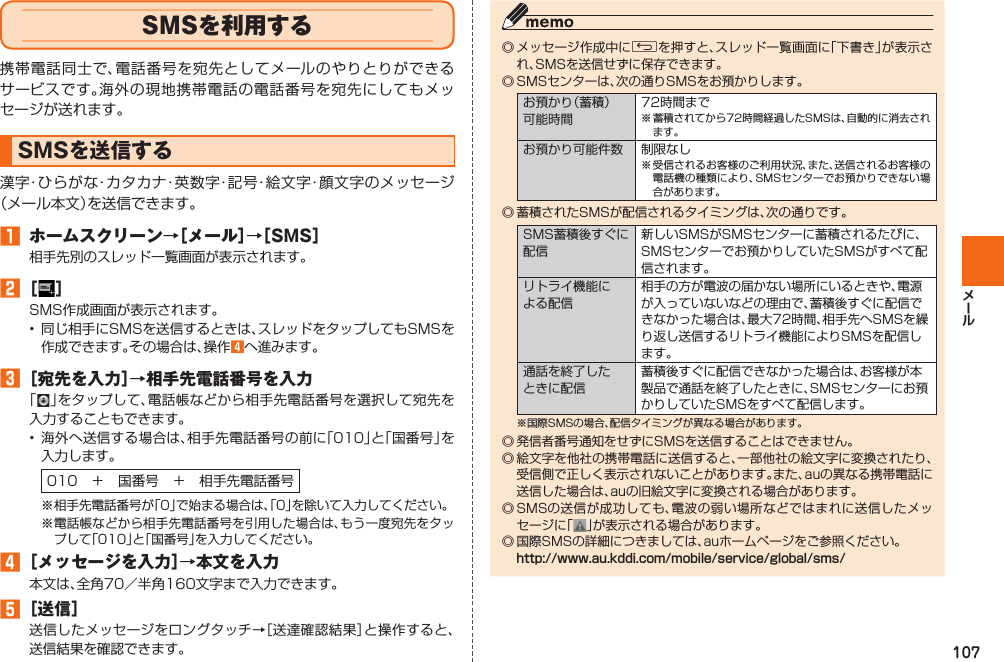 107   SMSを利用する携帯電話同士で、電話番号を宛先としてメールのやりとりができるサービスです。海外の現地携帯電話の電話番号を宛先にしてもメッセージが送れます。   SMSを送信する漢字・ひらがな・カタカナ・英数字・記号・絵文字・顔文字のメッセージ（メール本文）を送信できます。󱈠  ホームスクリーン→［メール］→［SMS］相手先別のスレッド一覧画面が表示されます。󱈢 ［ ］SMS作成画面が表示されます。•  同じ相手にSMSを送信するときは、スレッドをタップしてもSMSを作成できます。その場合は、操作󱈦へ進みます。󱈤 ［宛先を入力］→相手先電話番号を入力「 」をタップして、電話帳などから相手先電話番号を選択して宛先を入力することもできます。• 海外へ送信する場合は、相手先電話番号の前に「010」と「国番号」を入力します。010 ＋ 国番号 ＋ 相手先電話番号※ 相手先電話番号が「0」で始まる場合は、「0」を除いて入力してください。※  電話帳などから相手先電話番号を引用した場合は、もう一度宛先をタップして「010」と「国番号」を入力してください。󱈦 ［メッセージを入力］→本文を入力本文は、全角70／半角160文字まで入力できます。󱈨 ［送信］送信したメッセージをロングタッチ→［送達確認結果］と操作すると、送信結果を確認できます。◎ メッセージ作成中にCを押すと、スレッド一覧画面に「下書き」が表示され、SMSを送信せずに保存できます。◎  SMSセンターは、次の通りSMSをお預かりします。お預かり（蓄積）可能時間72時間まで※ 蓄積されてから72時間経過したSMSは、自動的に消去されます。お預かり可能件数 制限なし※ 受信されるお客様のご利用状況、また、送信されるお客様の電話機の種類により、SMSセンターでお預かりできない場合があります。◎ 蓄積されたSMSが配信されるタイミングは、次の通りです。SMS蓄積後すぐに配信新しいSMSがSMSセンターに蓄積されるたびに、SMSセンターでお預かりしていたSMSがすべて配信されます。リトライ機能による配信相手の方が電波の届かない場所にいるときや、電源が入っていないなどの理由で、蓄積後すぐに配信できなかった場合は、最大72時間、相手先へSMSを繰り返し送信するリトライ機能によりSMSを配信します。通話を終了したときに配信蓄積後すぐに配信できなかった場合は、お客様が本製品で通話を終了したときに、SMSセンターにお預かりしていたSMSをすべて配信します。※国際SMSの場合、配信タイミングが異なる場合があります。◎ 発信者番号通知をせずにSMSを送信することはできません。◎ 絵文字を他社の携帯電話に送信すると、一部他社の絵文字に変換されたり、受信側で正しく表示されないことがあります。また、auの異なる携帯電話に送信した場合は、auの旧絵文字に変換される場合があります。◎ SMSの送信が成功しても、電波の弱い場所などではまれに送信したメッセージに「 」が表示される場合があります。◎ 国際SMSの詳細につきましては、auホームページをご参照ください。http://www.au.kddi.com/mobile/service/global/sms/