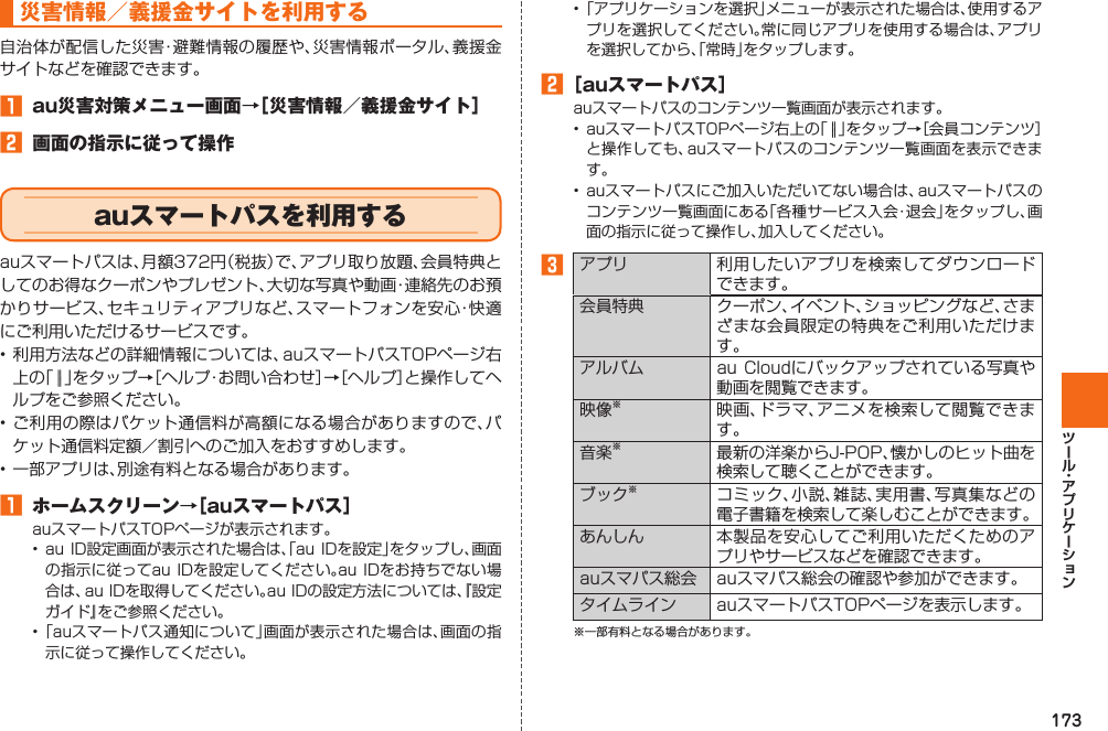 173 災害情報／義援金サイトを利用する自治体が配信した災害・避難情報の履歴や、災害情報ポータル、義援金サイトなどを確認できます。󱈠  au災害対策メニュー画面→［災害情報／義援金サイト］󱈢  画面の指示に従って操作  auスマートパスを利用するauスマートパスは、月額372円（税抜）で、アプリ取り放題、会員特典としてのお得なクーポンやプレゼント、大切な写真や動画・連絡先のお預かりサービス、セキュリティアプリなど、スマートフォンを安心・快適にご利用いただけるサービスです。• 利用方法などの詳細情報については、auスマートパスTOPページ右上の「   」をタップ→［ヘルプ・お問い合わせ］→［ヘルプ］と操作してヘルプをご参照ください。• ご利用の際はパケット通信料が高額になる場合がありますので、パケット通信料定額／割引へのご加入をおすすめします。• 一部アプリは、別途有料となる場合があります。󱈠  ホームスクリーン→［auスマートパス］auスマートパスTOPページが表示されます。•  au  ID設定画面が表示された場合は、「au IDを設定」をタップし、画面の指示に従ってau IDを設定してください。au IDをお持ちでない場合は、au IDを取得してください。au IDの設定方法については、『設定ガイド』をご参照ください。• 「auスマートパス通知について」画面が表示された場合は、画面の指示に従って操作してください。• 「アプリケーションを選択」メニューが表示された場合は、使用するアプリを選択してください。常に同じアプリを使用する場合は、アプリを選択してから、「常時」をタップします。󱈢 ［auスマートパス］auスマートパスのコンテンツ一覧画面が表示されます。• auスマートパスTOPページ右上の「   」をタップ→［会員コンテンツ］と操作しても、auスマートパスのコンテンツ一覧画面を表示できます。• auスマートパスにご加入いただいてない場合は、auスマートパスのコンテンツ一覧画面にある「各種サービス入会・退会」をタップし、画面の指示に従って操作し、加入してください。󱈤 アプリ 利用したいアプリを検索してダウンロードできます。会員特典 クーポン、イベント、ショッピングなど、さまざまな会員限定の特典をご利用いただけます。アルバム au Cloudにバックアップされている写真や動画を閲覧できます。映像※映画、ドラマ、アニメを検索して閲覧できます。音楽※最新の洋楽からJ-POP、懐かしのヒット曲を検索して聴くことができます。ブック※コミック、小説、雑誌、実用書、写真集などの電子書籍を検索して楽しむことができます。あんしん 本製品を安心してご利用いただくためのアプリやサービスなどを確認できます。auスマパス総会 auスマパス総会の確認や参加ができます。タイムライン auスマートパスTOPページを表示します。※一部有料となる場合があります。