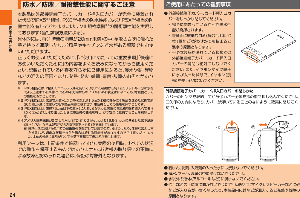 24 防水／防塵／耐衝撃性能に関するご注意ご使用にあたっての重要事項󰝄   外部接続端子カバー、カード挿入口カバーの閉じかた󰒄󰒅①②󰝄󰝄󰝄󰝄