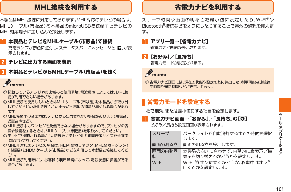 161  MHL接続を利用する本製品はMHL接続に対応しております。MHL対応のテレビの場合は、MHLケーブル（市販品）を本製品のmicroUSB接続端子とテレビのMHL対応端子に差し込んで接続します。󱈠 本製品とテレビをMHLケーブル（市販品）で接続充電ランプが赤色に点灯し、ステータスバーにメッセージと「 」が表示されます。󱈢 テレビに出力する画面を表示󱈤 本製品とテレビからMHLケーブル（市販品）を抜く◎ 起動しているアプリやお客様のご使用環境、電波環境によっては、MHL接続が利用できない場合があります。◎ MHL接続を使用しないときはMHLケーブル（市販品）を本製品から取り外してください。MHL接続されたままだと電池の消耗が早くなる場合があります。◎ MHL接続中の音出力は、テレビから出力されない場合があります（着信音、通話音声など）。◎ MHL接続中はワンセグを受信できない場合がありますので、ワンセグの視聴や録画をするときは、MHLケーブル（市販品）を取り外してください。◎ テレビで視聴される場合は、接続後にテレビ側の画面表示サイズを全画面に設定しておいてください。◎ MHL非対応のテレビの場合は、HDMI変換コネクタ（MHL変換アダプタ）（市販品）とHDMIケーブル（市販品）などを利用して本製品と接続してください。◎ MHL接続利用時には、お客様の利用環境によって、電波状態に影響がでる場合があります。  省電力ナビを利用するスリープ時間や画面の明るさを最小値に設定したり、Wi-FiⓇやBluetoothⓇ接続などをオフにしたりすることで電池の消耗を抑えます。󱈠 アプリ一覧→［ 省電力ナビ］省電力ナビ画面が表示されます。󱈢 ［お好み］／［長持ち］省電力モードが設定されます。◎ 省電力ナビ画面には、現在の状態や設定を基に算出した、利用可能な連続待受時間や通話時間などが表示されます。 省電力モードを設定する一括で無効、または最小値にする項目を設定します。󱈠 省電力ナビ画面→「お好み」／「長持ち」の［ ］お好み／長持ち設定画面が表示されます。スリープ バックライトが自動消灯するまでの時間を選択します。画面の明るさ 画面の明るさを設定します。画面の自動回転本製品の向きに合わせて、自動的に縦表示／横表示を切り替えるかどうかを設定します。Wi-Fi Wi-Fi®をオンにするかどうか、移動中はオフ※1にするかを設定します。