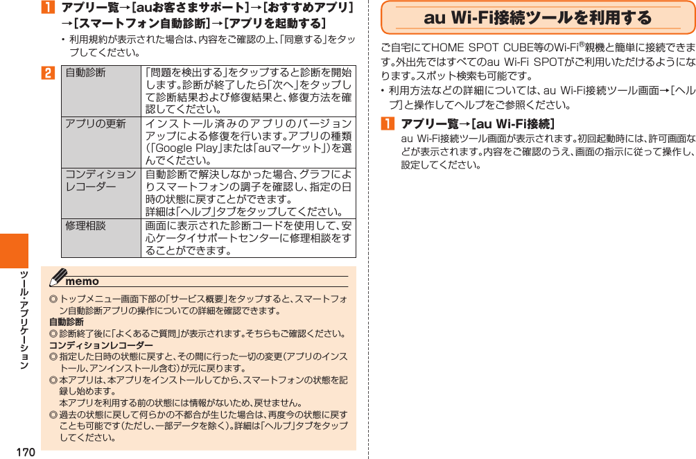 170󱈠  アプリ一覧→［auお客さまサポート］→［おすすめアプリ］→［スマートフォン自動診断］→［アプリを起動する］• 利用規約が表示された場合は、内容をご確認の上、「同意する」をタップしてください。󱈢自動診断 「問題を検出する」をタップすると診断を開始します。診断が終了したら「次へ」をタップして診断結果および修復結果と、修復方法を確認してください。アプリの更新 インストール済みのアプリのバージョンアップによる修復を行います。アプリの種類（「Google Play」または「auマーケット」）を選んでください。コンディションレコーダー自動診断で解決しなかった場合、グラフによりスマートフォンの調子を確認し、指定の日時の状態に戻すことができます。詳細は「ヘルプ」タブをタップしてください。修理相談 画面に表示された診断コードを使用して、安心ケータイサポートセンターに修理相談をすることができます。◎ トップメニュー画面下部の「サービス概要」をタップすると、スマートフォン自動診断アプリの操作についての詳細を確認できます。自動診断◎ 診断終了後に「よくあるご質問」が表示されます。そちらもご確認ください。コンディションレコーダー◎ 指定した日時の状態に戻すと、その間に行った一切の変更（アプリのインストール、アンインストール含む）が元に戻ります。◎ 本アプリは、本アプリをインストールしてから、スマートフォンの状態を記録し始めます。  本アプリを利用する前の状態には情報がないため、戻せません。◎ 過去の状態に戻して何らかの不都合が生じた場合は、再度今の状態に戻すことも可能です（ただし、一部データを除く）。詳細は「ヘルプ」タブをタップしてください。  au Wi-Fi接続ツールを利用するご自宅にてHOME SPOT CUBE等のWi-FiⓇ親機と簡単に接続できます。外出先ではすべてのau  Wi-Fi  SPOTがご利用いただけるようになります。スポット検索も可能です。• 利用方法などの詳細については、au Wi-Fi接続ツール画面→［ヘルプ］と操作してヘルプをご参照ください。󱈠  アプリ一覧→［au Wi-Fi接続］au Wi-Fi接続ツール画面が表示されます。初回起動時には、許可画面などが表示されます。内容をご確認のうえ、画面の指示に従って操作し、設定してください。