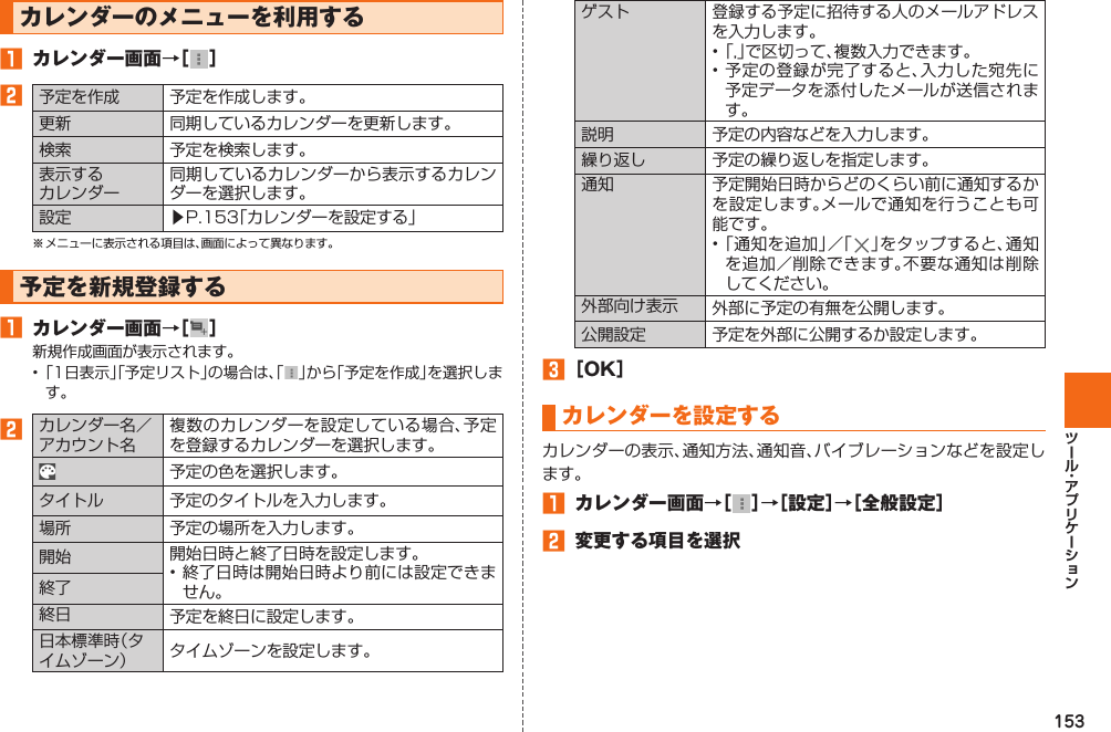 153 カレンダーのメニューを利用する󱈠  カレンダー画面→［ ］󱈢予定を作成 予定を作成します。更新 同期しているカレンダーを更新します。検索 予定を検索します。表示するカレンダー同期しているカレンダーから表示するカレンダーを選択します。設定 ▶P. 153「カレンダーを設定する」※ メニューに表示される項目は、画面によって異なります。 予定を新規登録 する󱈠 カレンダー画面→［ ］新規作成画面が表示されます。• 「1日表示」「予定リスト」の場合は、「」から「予定を作成」を選択します。󱈢カレンダー名／アカウント名複数のカレンダーを設定している場合、予定を登録するカレンダーを選択します。予定の色を選択します。 タイトル 予定のタイトルを入力します。場所 予定の場所を入力します。開始 開始日時と終了日時を設定します。• 終了日時は開始日時より前には設定できません。終了終日 予定を終日に設定します。日本標準時（タイムゾーン） タイムゾーンを設定します。ゲスト 登録する予定に招待する人のメールアドレスを入力します。• 「,」で区切って、複数入力できます。• 予定の登録が完了すると、入力した宛先に予定データを添付したメールが送信されます。説明 予定の内容などを入力します。繰り返し 予定の繰り返しを指定します。 通知 予定開始日時からどのくらい前に通知するかを設定します。メールで通知を行うことも可能です。• 「通知を追加」／「 」をタップすると、通知を追加／削除できます。不要な通知は削除してください。外部向け表示 外部に予定の有無を公開します。公開設定 予定を外部に公開するか設定します。󱈤 ［OK］ カレンダーを設定するカレンダーの表示、通知方法、通知音、バイブレーションなどを設定します。󱈠 カレンダー画面→［ ］→［設定］→［全般設定］󱈢 変更する項目を選択