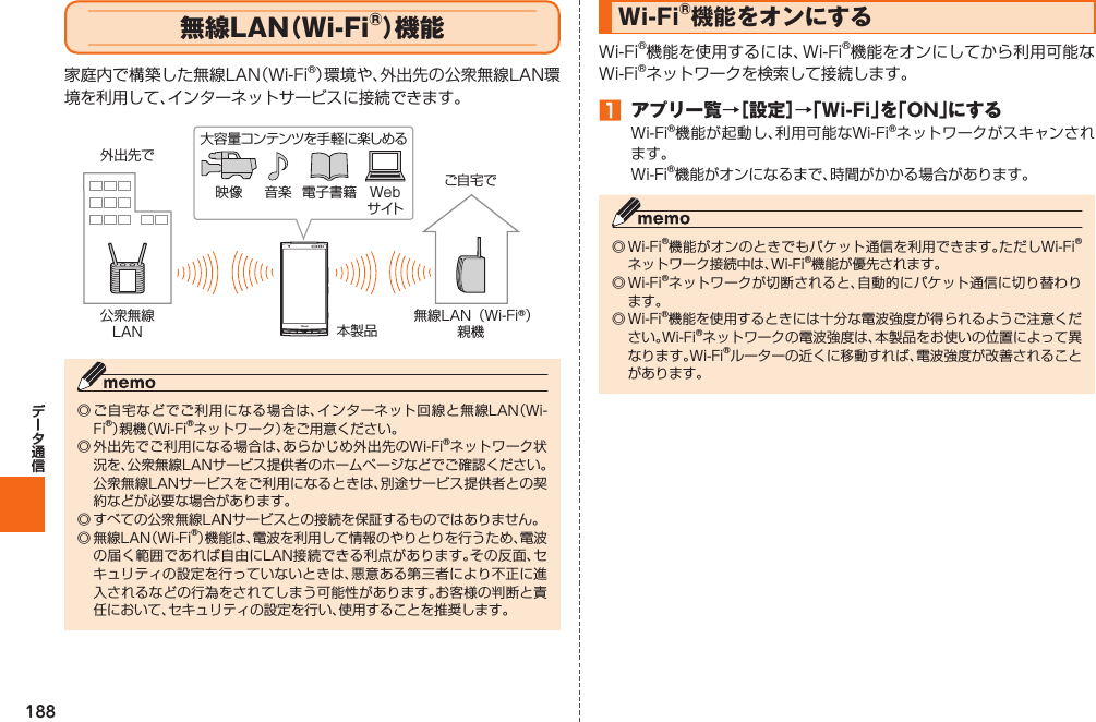 188  無線LAN（Wi-Fi®）機能家庭内で構築した無線LAN（Wi-Fi®）環境や、外出先の公衆無線LAN環境を利用して、インターネットサービスに接続できます。大容量コンテンツを手軽に楽しめる映像公衆無線LAN無線LAN（Wi-Fi®）親機本製品外出先でご自宅で音楽 電子書籍 Webサイト◎ ご自宅などでご利用になる場合は、インターネット回線と無線LAN（Wi-Fi®）親機（Wi-Fi®ネットワーク）をご用意ください。◎ 外出先でご利用になる場合は、あらかじめ外出先のWi-Fi®ネットワーク状況を、公衆無線LANサービス提供者のホームページなどでご確認ください。公衆無線LANサービスをご利用になるときは、別途サービス提供者との契約などが必要な場合があります。◎ すべての公衆無線LANサービスとの接続を保証するものではありません。◎ 無線LAN（Wi-Fi®）機能は、電波を利用して情報のやりとりを行うため、電波の届く範囲であれば自由にLAN接続できる利点があります。その反面、セキュリティの設定を行っていないときは、悪意ある第三者により不正に進入されるなどの行為をされてしまう可能性があります。お客様の判断と責任において、セキュリティの設定を行い、使用することを推奨します。 Wi-Fi®機能をオンにするWi-Fi®機能を使用するには、Wi-Fi®機能をオンにしてから利用可能なWi-Fi®ネットワークを検索して接続します。󱈠  アプリ一覧→［設定］→「Wi-Fi」を「ON」にするWi-Fi®機能が起動し、利用可能なWi-Fi®ネットワークがスキャンされます。Wi-Fi®機能がオンになるまで、時間がかかる場合があります。◎ Wi-Fi®機能がオンのときでもパケット通信を利用できます。ただしWi-Fi®ネットワーク接続中は、Wi-Fi®機能が優先されます。◎ Wi-Fi®ネットワークが切断されると、自動的にパケット通信に切り替わります。◎ Wi-Fi®機能を使用するときには十分な電波強度が得られるようご注意ください。Wi-Fi®ネットワークの電波強度は、本製品をお使いの位置によって異なります。Wi-Fi®ルーターの近くに移動すれば、電波強度が改善されることがあります。