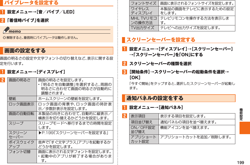 199 バイブレータを設定する󱈠  設定メニュー→［音／バイブ／LED］󱈢 「着信時バイブ」を選択◎ 解除すると、着信時にバイブレータは動作しません。  画面の設定をする画面の明るさの設定や文字フォントの切り替えなど、表示に関する設定を行います。󱈠  設定メニュー→［ディスプレイ］󱈢  画面の明るさ 画面の明るさを設定します。• 「明るさを自動調整」を選択すると、周囲の明るさに合わせて画面の明るさが自動的に調整されます。壁紙 ホームスクリーンの壁紙を設定します。ロック画面表示 ロック画面の背景や、ロック画面の時計表示／歩数計表示を設定します。  画面の自動回転 本製品の向きに合わせて、自動的に縦表示／横表示を切り替えるかどうかを設定します。 スリープ スリープモードへ移行するまでの時間を設定します。 スクリーンセーバー▶P. 199「スクリーンセーバーを設定する」ボイスウェイクアップ音声で「すぐ文字プラス」アプリを起動するかどうかを設定します。 フォント切替画面に表示される文字フォントを設定します。• 起動中のアプリが終了する場合があります。フォントサイズ画面に表示されるフォントサイズを設定します。ワイヤレスディスプレイ本製品の画面をテレビに表示するための設定をします。MHL TVリモコンの操作方法テレビリモコンを操作する方法を表示します。TV出力サイズ テレビへの出力サイズを設定します。 スクリーンセーバーを設定する󱈠  設定メニュー→［ディスプレイ］→［スクリーンセーバー］→「スクリーンセーバー」を「ON」にする󱈢  スクリーンセーバーの種類を選択󱈤 ［開始条件］→スクリーンセーバーの起動条件を選択→［OK］「今すぐ開始」をタップすると、選択したスクリーンセーバーが起動します。 通知パネルの設定をする󱈠  設定メニュー→［通知パネル］󱈢表示項目 表示する項目を設定します。項目並び替え 通知パネルの項目を並べ替えます。ON／OFF設定並び替え機能アイコンを並べ替えます。アプリショートカット設定アプリショートカットを追加／削除します。