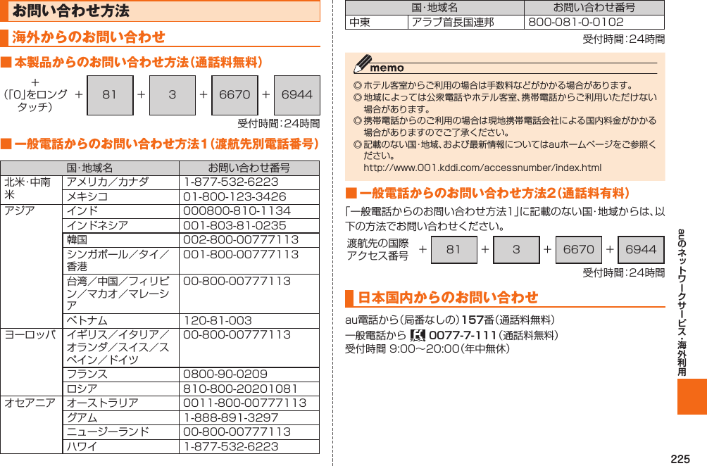 225󰗾󰗔󰗔 お問い合わせ方法 海外からのお問い合わせ■ 本製品からのお問い合わせ方法（通話料無料）＋（「0」をロングタッチ）+ 81 + 3 + 6670 + 6944受付時間：24時間■ 一般電話からのお問い合わせ方法1（渡航先別電話番号）国・地域名 お問い合わせ番号北 米・中 南米アメリカ／カナダ 1-877-532-6223メキシコ 01-800-123-3426アジア インド 000800-810-1134インドネシア 001-803-81-0235韓国 002-800-00777113シンガポール／タイ／香港001-800-00777113台湾／中国／フィリピン／マカオ／マレーシア00-800-00777113ベトナム 120-81-003ヨーロッパ イギリス／イタリア／オランダ／スイス／スペイン／ドイツ00-800-00777113フランス 0800-90-0209ロシア 810-800-20201081オセアニア オーストラリア 0011-800-00777113グアム 1-888-891-3297ニュージーランド 00-800-00777113ハワイ 1-877-532-6223国・地域名 お問い合わせ番号中東 アラブ首長国連邦 800-081-0-0102受付時間：24時間◎ ホテル客室からご利用の場合は手数料などがかかる場合があります。◎ 地域によっては公衆電話やホテル客室、携帯電話からご利用いただけない場合があります。◎ 携帯電話からのご利用の場合は現地携帯電話会社による国内料金がかかる場合がありますのでご了承ください。◎ 記載のない国・地域、および最新情報についてはauホームページをご参照ください。  http://www.001.kddi.com/accessnumber/index.html■ 一般電話からのお問い合わせ方法2（通話料有料）「一般電話からのお問い合わせ方法1」に記載のない国・地域からは、以下の方法でお問い合わせください。渡航先の国際アクセス番号 + 81 + 3 + 6670 + 6944受付時間：24時間日本国内からのお問い合わせau電話から（局番なしの）番（通話料無料）一般電話から   （通話料無料）受付時間 9:00∼20:00（年中無休）