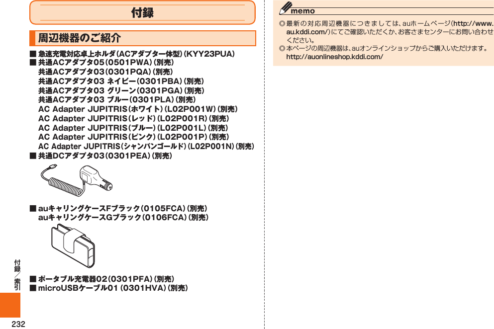 232付録  周辺機器のご紹介■ 急速充電対応卓上ホルダ（ACアダプタ一体型）（KYY23PUA）■ 共通ACアダプタ05（0501PWA）（別売）  共通ACアダプタ03（0301PQA）（別売）  共通ACアダプタ03 ネイビー（0301PBA）（別売）  共通ACアダプタ03 グリーン（0301PGA）（別売）  共通ACアダプタ03 ブルー（0301PLA）（別売）  AC Adapter JUPITRIS（ホワイト）（L02P001W）（別売）  AC Adapter JUPITRIS（レッド）（L02P001R）（別売）  AC Adapter JUPITRIS（ブルー）（L02P001L）（別売）  AC Adapter JUPITRIS（ピンク）（L02P001P）（別売）  AC Adapter JUPITRIS（シャンパンゴールド）（L02P001N）（別売）■ 共通DCアダプタ03（0301PEA）（別売）■ auキャリングケースFブラック（0105FCA）（別売）  auキャリングケースGブラック（0106FCA）（別売）■ ポータブル充電器02（0301PFA）（別売）■ microUSBケーブル01 （0301HVA）（別売）◎ 最新の対応周辺機器につきましては、auホームページ（）にてご確認いただくか、お客さまセンターにお問い合わせください。◎ 本ページの周辺機器は、auオンラインショップからご購入いただけます。 