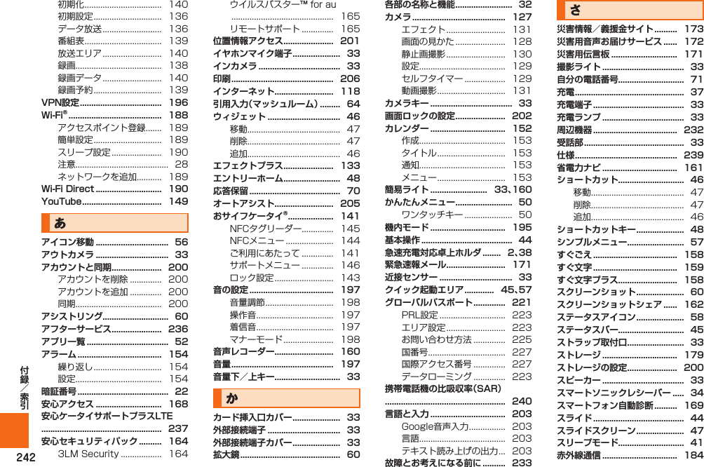 242初期化 ..................................   140初期設定 ..............................  136データ放送 ..........................   136番組表 ..................................   139放送エリア ..........................   140録画......................................  138録画データ ..........................   140録画予約 ..............................  139アクセスポイント登録 .......  189簡単設定 ..............................  189スリープ設定 ......................   190注意.........................................  28ネットワークを追加...........  189 あアカウントを削除 ..............  200アカウントを追加 ..............  200同期......................................  200 繰り返し ..............................  154設定......................................  1543LM Security ..................  164ウイルスバスター™ for au .............................................  165リモートサポート ..............  165移動.........................................  47削除.........................................  47追加.........................................  46 NFCタグリーダー ..............  145NFCメニュー .....................   144ご利用にあたって ..............  141サポートメニュー ..............  146ロック設定 ..........................   143 音量調節 ..............................  198操作音 ..................................   197着信音 ..................................   197マナーモード ......................   198かエフェクト ..........................   131画面の見かた ......................   128静止画撮影 ..........................   130設定......................................  129セルフタイマー ..................  129動画撮影 ..............................  131作成......................................  153タイトル ..............................  153通知......................................  153メニュー ..............................  153 ワンタッチキー .....................  50   PRL設定 .............................  223エリア設定 ..........................   223お問い合わせ方法 ..............  225国番号 ..................................   227国際アクセス番号 ..............  227データローミング ..............  223Google音声入力 ................   203言語......................................  203テキスト読み上げの出力 ...  203さ 移動.........................................  47削除.........................................  47追加.........................................  46  