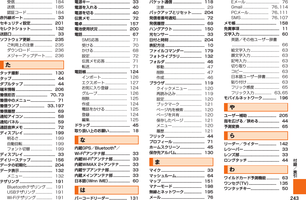 243受信......................................  184送信......................................  185認証コード ..........................   184ご利用上の注意 ..................  235ダウンロード ......................   236メジャーアップデート .......  236た   明るさ ..................................   199自動回転 ..............................  199フォント切替 ......................   199メニュー ..............................  132Bluetoothテザリング ......  191USBテザリング .................   191Wi-Fiテザリング ................  191SMS応答 ...............................  71受ける .....................................  70かける .....................................  68設定.........................................  72伝言メモ応答 .........................  71転送.........................................  71インポート ..........................   126エクスポート ......................   127お気に入り登録 ..................  124グループ ..............................  126削除......................................  125作成......................................  124電話をかける ......................   125登録......................................  124編集......................................  125なは注意.........................................  29移動.........................................  47削除.........................................  47作成.........................................  46 クイックメニュー ..............  120再読み込み ..........................   119設定......................................  120ブックマーク ......................   121ページ内を検索 ..................  120ページを共有 ......................   120保存したページ ..................  121メニュー ..............................  120履歴......................................  121まEメール ..................................  76Gmail ..........................   76、114PCメール ....................   76、111SMS ............................   76、107英語／その他ユーザー辞書 ................................................  66絵文字入力 .............................  63顔文字入力 .............................  63記号入力 .................................  63切り取り .................................  63コピー .....................................  63日本語ユーザー辞書..............  66貼り付け .................................  63フリック感度 .........................  65フリック入力 .................   63、65 やらわ 