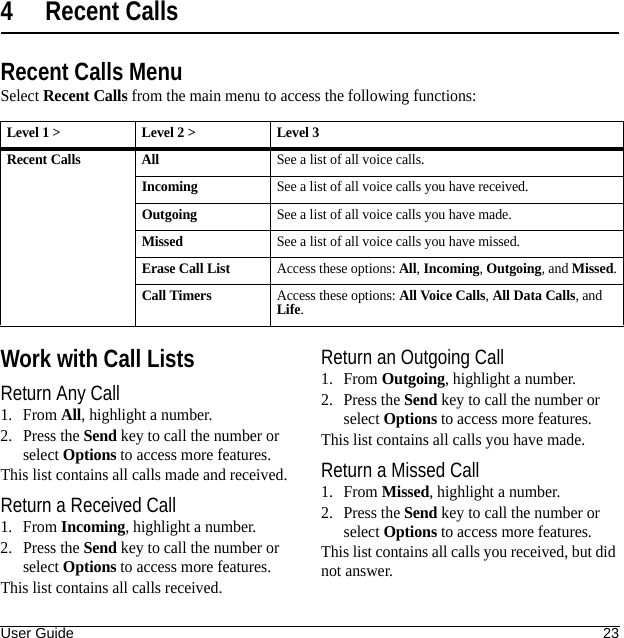 User Guide 234 Recent CallsRecent Calls MenuSelect Recent Calls from the main menu to access the following functions:Work with Call ListsReturn Any Call1. From All, highlight a number.2. Press the Send key to call the number or select Options to access more features.This list contains all calls made and received.Return a Received Call1. From Incoming, highlight a number.2. Press the Send key to call the number or select Options to access more features.This list contains all calls received.Return an Outgoing Call1. From Outgoing, highlight a number.2. Press the Send key to call the number or select Options to access more features.This list contains all calls you have made.Return a Missed Call1. From Missed, highlight a number.2. Press the Send key to call the number or select Options to access more features.This list contains all calls you received, but did not answer.Level 1 &gt; Level 2 &gt;  Level 3Recent Calls AllSee a list of all voice calls.IncomingSee a list of all voice calls you have received.OutgoingSee a list of all voice calls you have made.MissedSee a list of all voice calls you have missed.Erase Call ListAccess these options: All, Incoming, Outgoing, and Missed.Call TimersAccess these options: All Voice Calls, All Data Calls, and Life.
