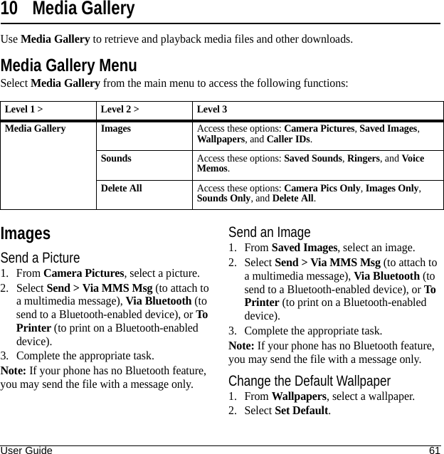 User Guide 6110 Media GalleryUse Media Gallery to retrieve and playback media files and other downloads.Media Gallery MenuSelect Media Gallery from the main menu to access the following functions:ImagesSend a Picture1. From Camera Pictures, select a picture.2. Select Send &gt; Via MMS Msg (to attach to a multimedia message), Via Bluetooth (to send to a Bluetooth-enabled device), or To Printer (to print on a Bluetooth-enabled device).3. Complete the appropriate task.Note: If your phone has no Bluetooth feature, you may send the file with a message only.Send an Image1. From Saved Images, select an image.2. Select Send &gt; Via MMS Msg (to attach to a multimedia message), Via Bluetooth (to send to a Bluetooth-enabled device), or To Printer (to print on a Bluetooth-enabled device).3. Complete the appropriate task.Note: If your phone has no Bluetooth feature, you may send the file with a message only.Change the Default Wallpaper1. From Wallpapers, select a wallpaper.2. Select Set Default.Level 1 &gt; Level 2 &gt;  Level 3Media Gallery ImagesAccess these options: Camera Pictures, Saved Images, Wallpapers, and Caller IDs.SoundsAccess these options: Saved Sounds, Ringers, and Vo ic e Memos.Delete AllAccess these options: Camera Pics Only, Images Only, Sounds Only, and Delete All.