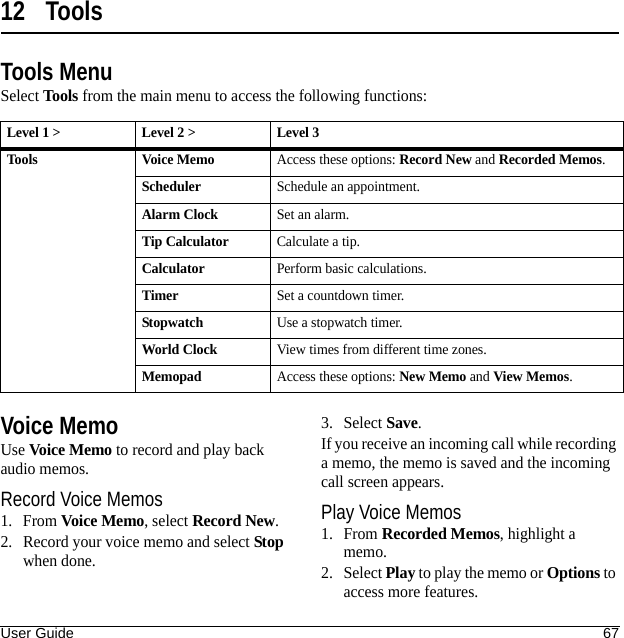 User Guide 6712 ToolsTools MenuSelect Tools from the main menu to access the following functions:Voice MemoUse Voice Memo to record and play back audio memos.Record Voice Memos1. From Voice Memo, select Record New.2. Record your voice memo and select Stop when done.3. Select Save.If you receive an incoming call while recording a memo, the memo is saved and the incoming call screen appears.Play Voice Memos1. From Recorded Memos, highlight a memo.2. Select Play to play the memo or Options to access more features.Level 1 &gt; Level 2 &gt;  Level 3Tools Voice MemoAccess these options: Record New and Recorded Memos.SchedulerSchedule an appointment.Alarm ClockSet an alarm.Tip CalculatorCalculate a tip.CalculatorPerform basic calculations.TimerSet a countdown timer.StopwatchUse a stopwatch timer.World ClockView times from different time zones.MemopadAccess these options: New Memo and View Memos.