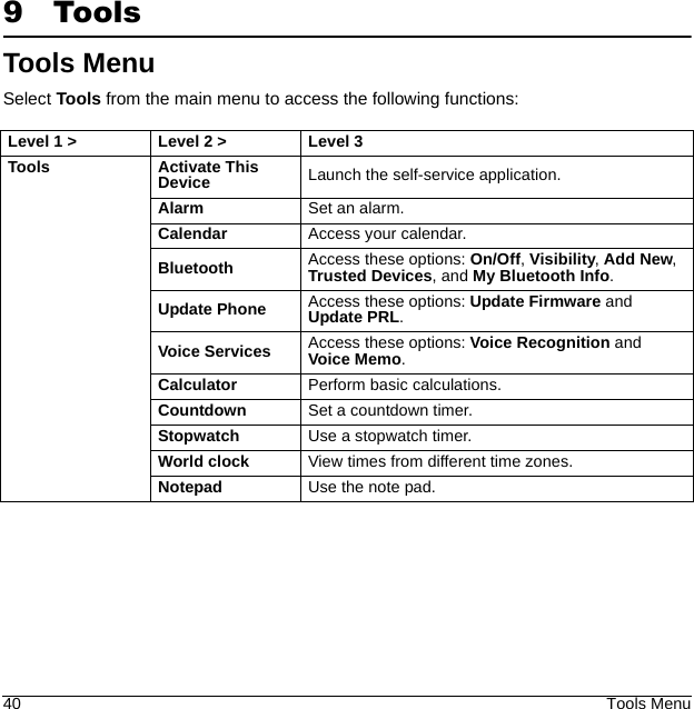 40 Tools Menu9ToolsTools MenuSelect Tools from the main menu to access the following functions:Level 1 &gt; Level 2 &gt;  Level 3Tools Activate This Device Launch the self-service application.Alarm Set an alarm.Calendar Access your calendar.Bluetooth Access these options: On/Off, Visibility, Add New, Trusted Devices, and My Bluetooth Info.Update Phone Access these options: Update Firmware and Update PRL.Voice Services Access these options: Voice Recognition and Voice Memo.Calculator Perform basic calculations.Countdown Set a countdown timer.Stopwatch Use a stopwatch timer.World clock View times from different time zones.Notepad Use the note pad.