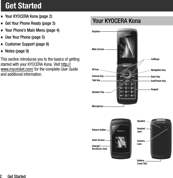 2 Get Started♦Your KYOCERA Kona (page 2)♦Get Your Phone Ready (page 3)♦Your Phone’s Main Menu (page 4)♦Use Your Phone (page 5)♦Customer Support (page 9)♦Notes (page 9)This section introduces you to the basics of getting started with your KYOCERA Kona. Visit http://www.mycricket.com/ for the complete User Guide and additional information.Get StartedYour KYOCERA KonaCamera LensSpeaker KeyBattery Cover SlotCamera KeyEarpieceSpeakerMicrophoneTalk KeyOK keyMain ScreenKeypadBack KeyVolume buttonEnd/Power KeyCharger/Accessory JackSoftkeysNavigation KeyOuter ScreenHeadset Jack