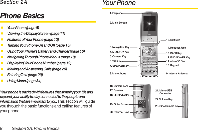 Section 2APhone BasicsࡗYour Phone (page 8)ࡗViewing the Display Screen (page 11)ࡗFeatures of Your Phone (page 13)ࡗTurning Your Phone On and Off (page 15)ࡗUsing Your Phone’s Battery and Charger (page 16)ࡗNavigating Through Phone Menus (page 18)ࡗDisplaying Your Phone Number(page 19)ࡗMaking and Answering Calls (page 20)ࡗEntering Text (page 29)ࡗUsing Maps (page 34)Your phone is packed with features that simplify your life andexpand your ability to stay connected to the people andinformation that are important to you. This section will guideyou through the basic functions and calling features ofyour phone.Your Phone14. Headset Jack22. Volume Key19. Outer Screen 23. Side Camera Key3. Navigation Key6. TALK Key15. Softkeys4. MENU/OK Key2. Main Screen17. Speaker1. Earpiece12. END/POWER Key13. BACKKey16. Camera Lens18. LED Indicator11. microSD Slot20. External Keys5. Camera Key7. SPEAKER Key8. Microphone10. Keypad9. Internal Antenna21. Micro-USB   Connector8 Section 2A. Phone Basics