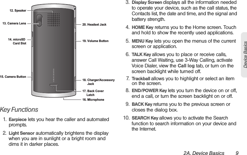 2A. Device Basics 9Device BasicsKey Functions1. Earpiece lets you hear the caller and automated prompts.2. Light Sensor automatically brightens the display when you are in sunlight or a bright room and dims it in darker places.3. Display Screen displays all the information needed to operate your device, such as the call status, the Contacts list, the date and time, and the signal and battery strength.4. HOME Key returns you to the Home screen. Touch and hold to show the recently used applications.5. MENU Key lets you open the menus of the current screen or application.6. TALK Key allows you to place or receive calls, answer Call Waiting, use 3-Way Calling, activate Voice Dialer, view the Call log tab, or turn on the screen backlight while turned off.7. Trackball allows you to highlight or select an item on the screen.8. END/POWER Key lets you turn the device on or off, end a call, or turn the screen backlight on or off.9. BACK Key returns you to the previous screen or closes the dialog box.10. SEARCH Key allows you to activate the Search function to search information on your device and the Internet.QUALCOMM 3G CDMAQU AL CO MM  3G  C DM A13. Camera Lens14. microSD Card Slot15. Camera Button18. Charger/Accessory       Jack19. Volume Button20. Headset Jack12. Speaker16. Microphone17. Back Cover      Latch
