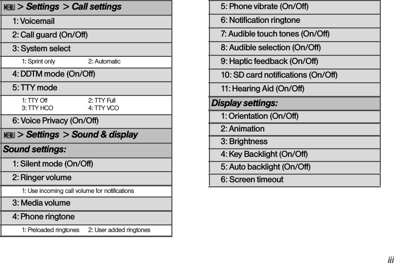 iii &gt; Settings  &gt; Call settings 1: Voicemail2: Call guard (On/Off)3: System select1: Sprint only 2: Automatic4: DDTM mode (On/Off)5: TTY mode1: TTY Off 2: TTY Full 3: TTY HCO 4: TTY VCO6: Voice Privacy (On/Off) &gt; Settings  &gt; Sound &amp; displaySound settings:1: Silent mode (On/Off)2: Ringer volume1: Use incoming call volume for notifications3: Media volume4: Phone ringtone1: Preloaded ringtones 2: User added ringtones5: Phone vibrate (On/Off)6: Notification ringtone7: Audible touch tones (On/Off)8: Audible selection (On/Off)9: Haptic feedback (On/Off)10: SD card notifications (On/Off)11: Hearing Aid (On/Off)Display settings:1: Orientation (On/Off)2: Animation3: Brightness4: Key Backlight (On/Off)5: Auto backlight (On/Off)6: Screen timeout