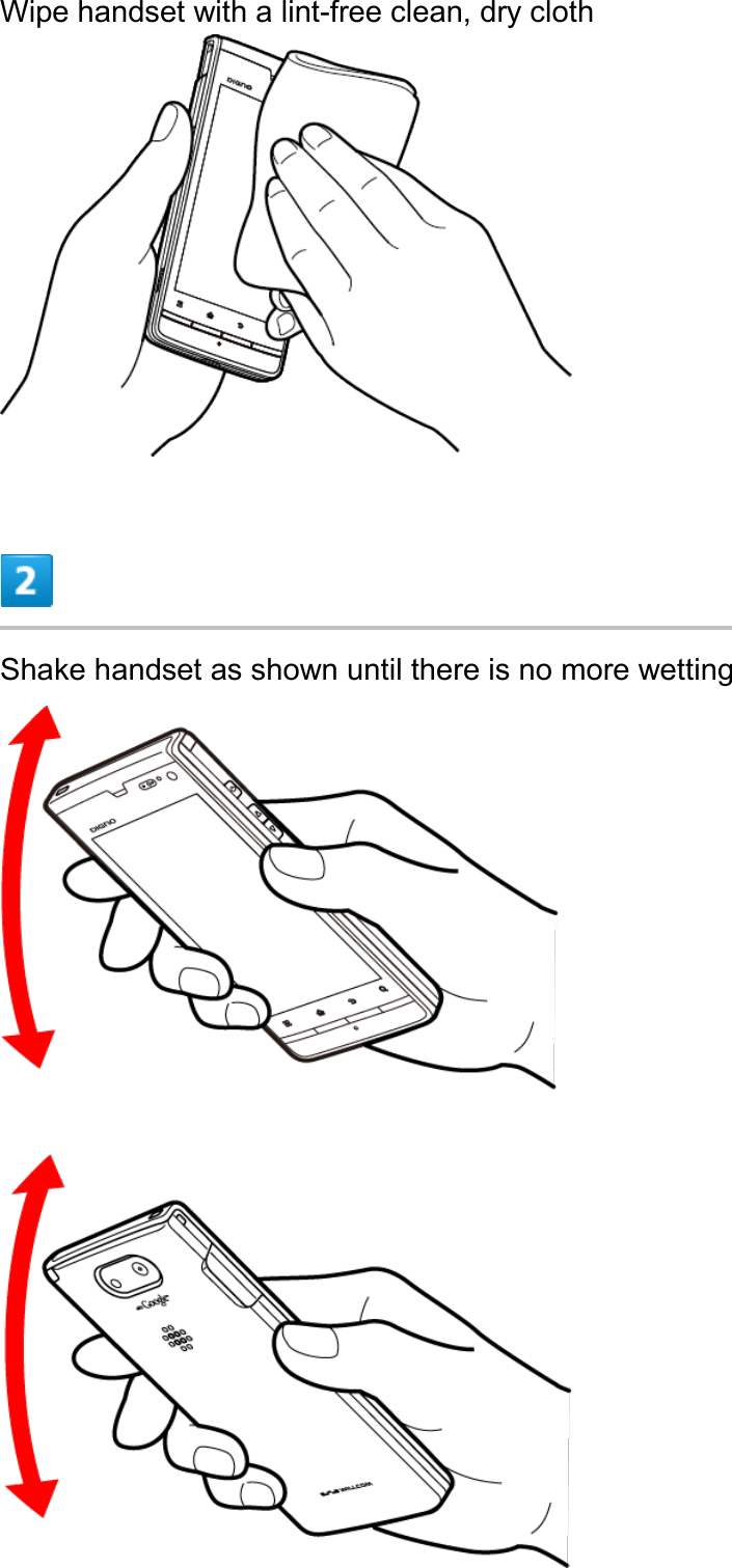 Wipe handset with a lint-free clean, dry cloth   Shake handset as shown until there is no more wetting  