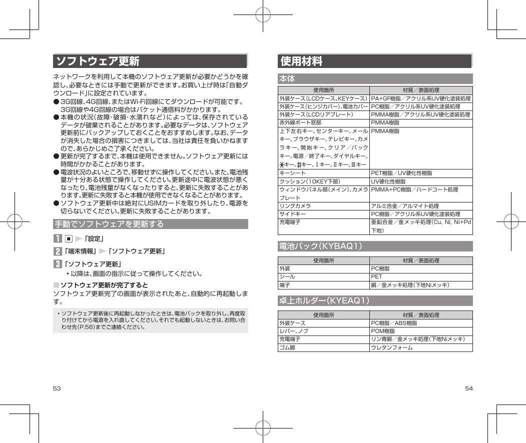 53 54ソフトウェア更新ネットワークを利用して本機のソフトウェア更新が必要かどうかを確認し、必要なときには手動で更新ができます。お買い上げ時は「自動ダウンロード」に設定されています。●3G回線、4G回線、またはWi-Fi回線にてダウンロードが可能です。3G回線や4G回線の場合はパケット通信料がかかります。●本機の状況（故障・破損・水濡れなど）によっては、保存されているデータが破棄されることがあります。必要なデータは、ソフトウェア更新前にバックアップしておくことをおすすめします。なお、データが消失した場合の損害につきましては、当社は責任を負いかねますので、あらかじめご了承ください。●更新が完了するまで、本機は使用できません。ソフトウェア更新には時間がかかることがあります。●電波状況のよいところで、移動せずに操作してください。また、電池残量が十分ある状態で操作してください。更新途中に電波状態が悪くなったり、電池残量がなくなったりすると、更新に失敗することがあります。更新に失敗すると本機が使用できなくなることがあります。●ソフトウェア更新中は絶対にUSIMカードを取り外したり、電源を切らないでください。更新に失敗することがあります。手動でソフトウェアを更新する󱈠▶「設定」󱈢「端末情報」▶「ソフトウェア更新」󱈤「ソフトウェア更新」•以降は、画面の指示に従って操作してください。■ソフトウェア更新が完了するとソフトウェア更新完了の画面が表示されたあと、自動的に再起動します。•ソフトウェア更新後に再起動しなかったときは、電池パックを取り外し、再度取り付けてから電源を入れ直してください。それでも起動しないときは、お問い合わせ先（P.56）までご連絡ください。使用材料本体使用箇所 材質／表面処理外装ケース（LCDケース、KEYケース） PA+GF樹脂／アクリル系UV硬化塗装処理外装ケース（ヒンジカバー）、電池カバーPC樹脂／アクリル系UV硬化塗装処理外装ケース（LCDリアプレート） PMMA樹脂／アクリル系UV硬化塗装処理赤外線ポート窓部 PMMA樹脂上下左右キー、センターキー、メールキー、ブラウザキー、テレビキー、カメラキー、開始キー、クリア／バックキー、電源／終了キー、ダイヤルキー、キー、 キー、Ⅰキー、Ⅱキー、ⅢキーPMMA樹脂キーシート PET樹脂／UV硬化性樹脂クッション（10KEY下部） UV硬化性樹脂ウィンドウパネル部（メイン）、カメラプレートPMMA+PC樹脂／ハードコート処理リングカメラ アルミ合金／アルマイト処理サイドキー PC樹脂／アクリル系UV硬化塗装処理充電端子 亜鉛合金／金メッキ処理（Cu,Ni,Ni+Pd下地）電池パック（KYBAQ1）使用箇所 材質／表面処理外装 PC樹脂シール PET端子 銅／金メッキ処理（下地Niメッキ）卓上ホルダー（KYEAQ1）使用箇所 材質／表面処理外装ケース PC樹脂／ABS樹脂レバー、ノブ POM樹脂充電端子 リン青銅／金メッキ処理（下地Niメッキ）ゴム脚 ウレタンフォーム