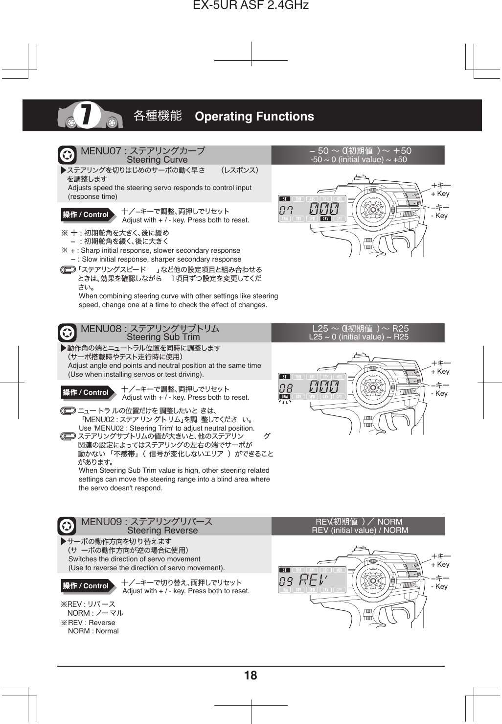 18EX-5UR ASF 2.4GHzMENU07 : ステアリングカ ーブ                  Steering Curve 50 ∼ 0（初期値 ）∼ ＋50MENU08 : ステアリング サブトリム                  Steering Sub Trim動作角の端とニュートラル位置を同時に調整します（サーボ搭載時やテスト走行時に使用）L25 ∼ 0（初期値 ）∼ R25ニュー トラ ルの位置だけを調整したいと きは、「MENU02 : ステアリン グトリム」を 調 整してくだ さ い。ステアリングサブトリムの値が 大きいと、他のステアリン グ関連の設定によってはステアリングの左右の端でサーボが動かない「不感帯」（ 信号が変化しないエリア ）ができることがあります。 ステアリングを切りはじめのサーボの動く早さ （レスポンス）を調整します「ステアリングスピー ド 」など他の設定項目と組み合わせるときは、効果を確認しながら 1項目ずつ設定を変更してください。※ 十 : 初期舵角を大きく、後に緩め    : 初期舵角を緩く、後に大きく 7各種機能サーボの動作方向を切り替えます（サ ーボの動作方向が逆の場合に使用）※REV : リバ ース NORM : ノーマルMENU09 : ステアリングリバース                  Steering Reverse REV（初期値 ）／ NORMREV : ReverseNORM : Normal十／キーで調整、両押しでリセット/ Control十／キーで調整、両押しでリセット/ Control十／キーで切り替え、両押しでリセット/ Control-50 ~ 0 (initial value) ~ +50Adjusts speed the steering servo responds to control input(response time)When combining steering curve with other settings like steeringspeed, change one at a time to check the effect of changes.+ : Sharp initial response, slower secondary response : Slow initial response, sharper secondary response Operating FunctionsAdjust with + / - key. Press both to reset.Adjust angle end points and neutral position at the same time(Use when installing servos or test driving).L25 ~ 0 (initial value) ~ R25Use &apos;MENU02 : Steering Trim&apos; to adjust neutral position.When Steering Sub Trim value is high, other steering related settings can move the steering range into a blind area wherethe servo doesn&apos;t respond.Adjust with + / - key. Press both to reset.Switches the direction of servo movement(Use to reverse the direction of servo movement).REV (initial value) / NORMAdjust with + / - key. Press both to reset.  ＋キ一+ Keyキ一- Key＋キ一+ Keyキ一- Key＋キ一+ Keyキ一- Key