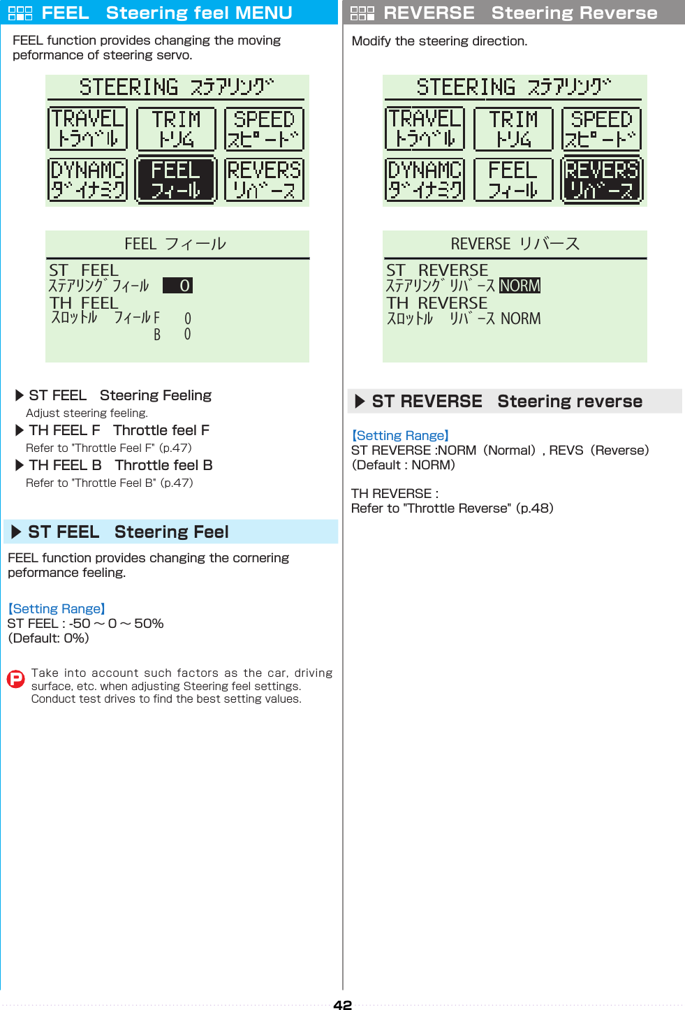 42ST   FEELTH  FEELｽﾃｱﾘﾝｸﾞﾌｨｰﾙ 0BFｽﾛｯﾄﾙ    ﾌｨｰﾙ00FEEL  フィールST   REVERSETH  REVERSEｽﾃｱﾘﾝｸﾞﾘﾊﾞｰｽNORMｽﾛｯﾄﾙ    ﾘﾊﾞｰｽNORMREVERSE  リバースFEEL　Steering feel MENU REVERSE　Steering ReverseFEEL function provides changing the moving peformance of steering servo.▶ ST FEEL　Steering Feeling　Adjust steering feeling.▶ TH FEEL F　Throttle feel F　Refer to &quot;Throttle Feel F&quot; （p.47）▶ TH FEEL B　Throttle feel B　Refer to &quot;Throttle Feel B&quot; （p.47）▶ST FEEL　Steering Feel▶ST REVERSE　Steering reverseFEEL function provides changing the cornering peformance feeling.Modify the steering direction.【Setting Range】ST FEEL : -50 〜 0 〜 50%（Default: 0%）【Setting Range】ST REVERSE :NORM（Normal）, REVS（Reverse）（Default : NORM）TH REVERSE :Refer to &quot;Throttle Reverse&quot; （p.48）Take  into  account  such  factors  as  the  car,  driving surface, etc. when adjusting Steering feel settings. Conduct test drives to nd the best setting values.P