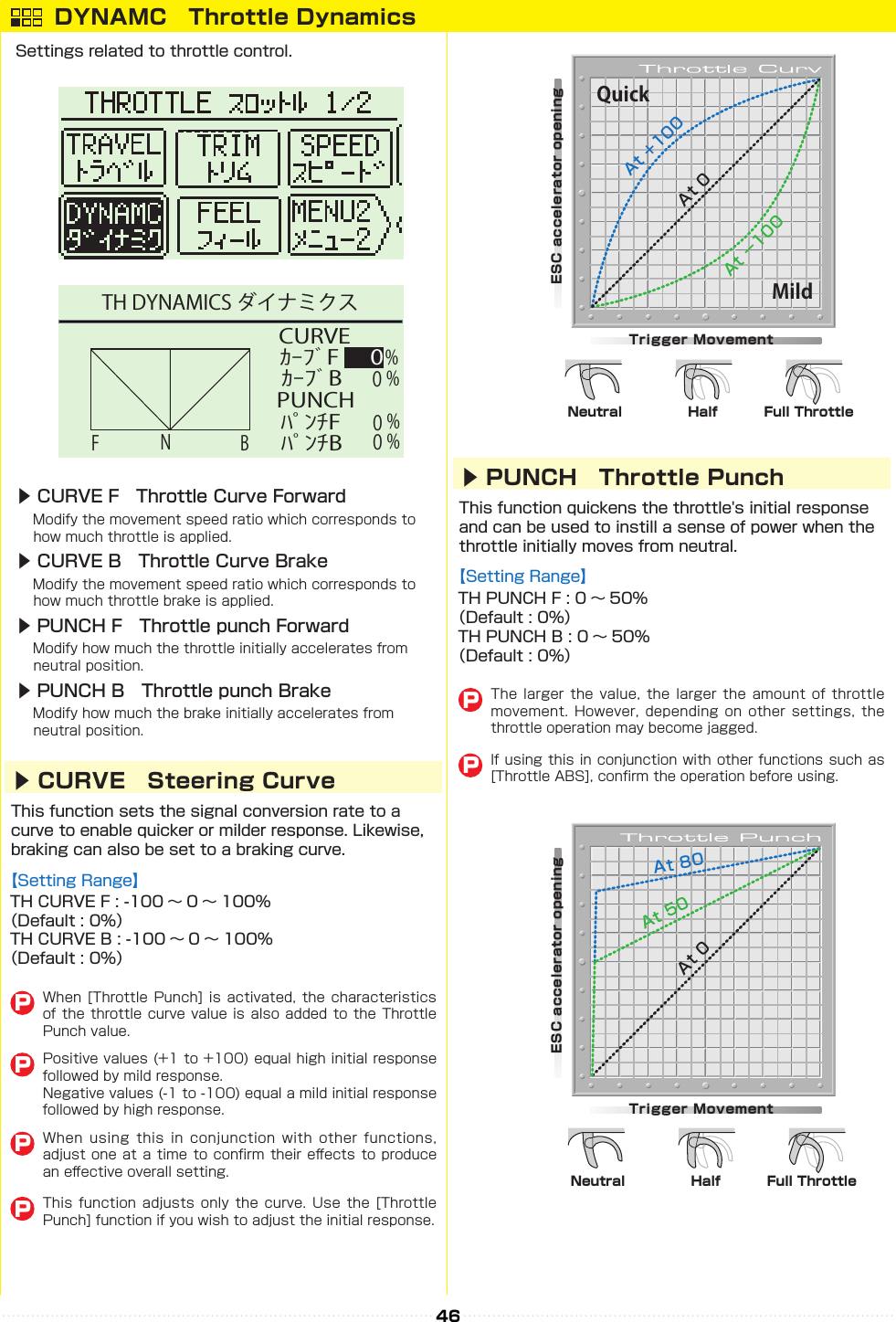 HalfNeutral Full ThrottleQuickMildTrigger MovementESC accelerator openingAt +100At −100At 0HalfNeutral Full ThrottleTrigger MovementESC accelerator openingAt 80At 50At 046 CURVE% PUNCH%ｶｰﾌﾞFﾊﾟﾝﾁF 0０NFBｶｰﾌﾞBﾊﾟﾝﾁB %０%０TH DYNAMICS ダイナミクスDYNAMC　Throttle DynamicsSettings related to throttle control.▶ CURVE F　Throttle Curve Forward　Modify the movement speed ratio which corresponds to 　 how much throttle is applied.▶ CURVE B　Throttle Curve Brake　Modify the movement speed ratio which corresponds to 　 how much throttle brake is applied.▶ PUNCH F　Throttle punch Forward　Modify how much the throttle initially accelerates from　 neutral position.▶ PUNCH B　Throttle punch Brake　Modify how much the brake initially accelerates from　 neutral position.This function sets the signal conversion rate to a curve to enable quicker or milder response. Likewise, braking can also be set to a braking curve.This function quickens the throttle&apos;s initial response and can be used to instill a sense of power when the throttle initially moves from neutral.【Setting Range】TH CURVE F : -100 〜 0 〜 100%（Default : 0%）TH CURVE B : -100 〜 0 〜 100%（Default : 0%）【Setting Range】TH PUNCH F : 0 〜 50%（Default : 0%）TH PUNCH B : 0 〜 50%（Default : 0%）▶ CURVE　Steering Curve▶ PUNCH　Throttle PunchWhen [Throttle  Punch]  is  activated, the  characteristics of the throttle curve value is also added to the Throttle Punch value.The  larger  the value,  the  larger  the  amount  of  throttle movement.  However,  depending  on  other settings,  the throttle operation may become jagged.When  using  this  in  conjunction  with  other  functions, adjust one at a time to conrm their e󰮏ects to produce an e󰮏ective overall setting.This function  adjusts  only the  curve.  Use the  [Throttle Punch] function if you wish to adjust the initial response.Positive values (+1 to +100) equal high initial response followed by mild response.Negative values (-1 to -100) equal a mild initial response followed by high response.If using this in conjunction with other functions such as [Throttle ABS], conrm the operation before using.PPPPPP