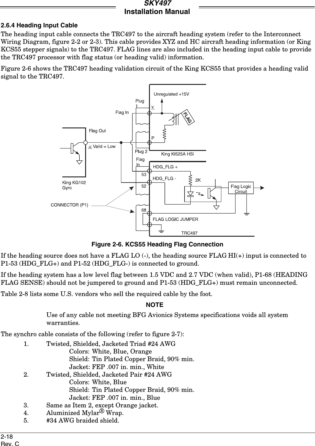 SKY497Installation Manual2-18Rev. C2.6.4 Heading Input CableThe heading input cable connects the TRC497 to the aircraft heading system (refer to the InterconnectWiring Diagram, figure 2-2 or 2-3). This cable provides XYZ and HC aircraft heading information (or KingKCS55 stepper signals) to the TRC497. FLAG lines are also included in the heading input cable to providethe TRC497 processor with flag status (or heading valid) information.Figure 2-6 shows the TRC497 heading validation circuit of the King KCS55 that provides a heading validsignal to the TRC497.Figure 2-6. KCS55 Heading Flag ConnectionIf the heading source does not have a FLAG LO (-), the heading source FLAG HI(+) input is connected toP1-53 (HDG_FLG+) and P1-52 (HDG_FLG-) is connected to ground.If the heading system has a low level flag between 1.5 VDC and 2.7 VDC (when valid), P1-68 (HEADINGFLAG SENSE) should not be jumpered to ground and P1-53 (HDG_FLG+) must remain unconnected.Table 2-8 lists some U.S. vendors who sell the required cable by the foot.NOTEUse of any cable not meeting BFG Avionics Systems specifications voids all systemwarranties.The synchro cable consists of the following (refer to figure 2-7):1. Twisted, Shielded, Jacketed Triad #24 AWGColors: White, Blue, OrangeShield: Tin Plated Copper Braid, 90% min.Jacket: FEP .007 in. min., White2. Twisted, Shielded, Jacketed Pair #24 AWGColors: White, BlueShield: Tin Plated Copper Braid, 90% min.Jacket: FEP .007 in. min., Blue3. Same as Item 2, except Orange jacket.4. Aluminized Mylar® Wrap.5. #34 AWG braided shield.