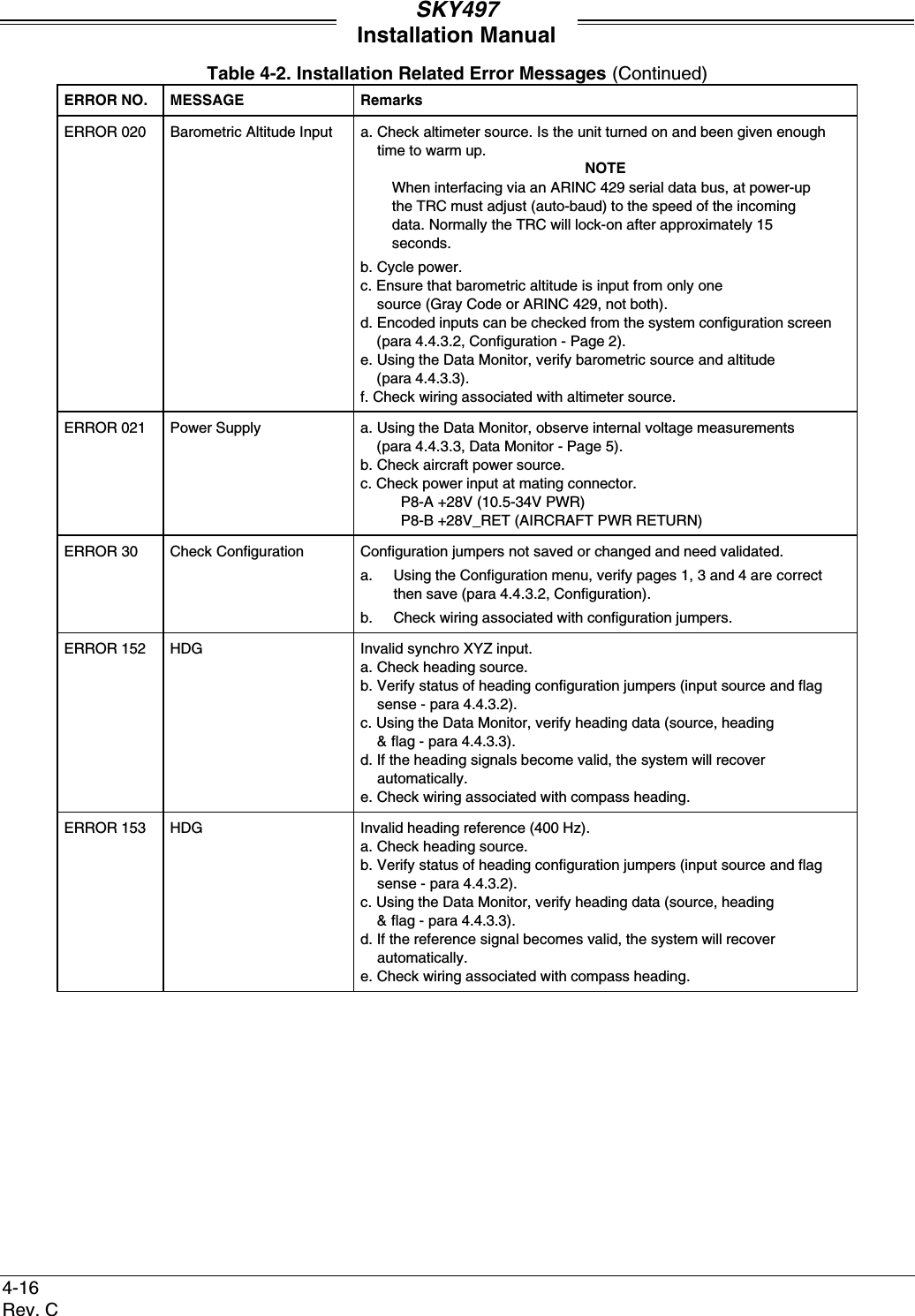 SKY497Installation Manual4-16Rev. CTable 4-2. Installation Related Error Messages (Continued)ERROR NO. MESSAGE RemarksERROR 020 Barometric Altitude Input a. Check altimeter source. Is the unit turned on and been given enough    time to warm up.NOTEWhen interfacing via an ARINC 429 serial data bus, at power-upthe TRC must adjust (auto-baud) to the speed of the incomingdata. Normally the TRC will lock-on after approximately 15seconds.b. Cycle power.c. Ensure that barometric altitude is input from only one    source (Gray Code or ARINC 429, not both).d. Encoded inputs can be checked from the system configuration screen    (para 4.4.3.2, Configuration - Page 2).e. Using the Data Monitor, verify barometric source and altitude    (para 4.4.3.3).f. Check wiring associated with altimeter source.ERROR 021 Power Supply a. Using the Data Monitor, observe internal voltage measurements    (para 4.4.3.3, Data Monitor - Page 5).b. Check aircraft power source.c. Check power input at mating connector.P8-A +28V (10.5-34V PWR)P8-B +28V_RET (AIRCRAFT PWR RETURN)ERROR 30 Check Configuration Configuration jumpers not saved or changed and need validated.a.  Using the Configuration menu, verify pages 1, 3 and 4 are correctthen save (para 4.4.3.2, Configuration).b.  Check wiring associated with configuration jumpers.ERROR 152 HDG Invalid synchro XYZ input.a. Check heading source.b. Verify status of heading configuration jumpers (input source and flag    sense - para 4.4.3.2).c. Using the Data Monitor, verify heading data (source, heading    &amp; flag - para 4.4.3.3).d. If the heading signals become valid, the system will recover    automatically.e. Check wiring associated with compass heading.ERROR 153 HDG Invalid heading reference (400 Hz).a. Check heading source.b. Verify status of heading configuration jumpers (input source and flag    sense - para 4.4.3.2).c. Using the Data Monitor, verify heading data (source, heading    &amp; flag - para 4.4.3.3).d. If the reference signal becomes valid, the system will recover    automatically.e. Check wiring associated with compass heading.